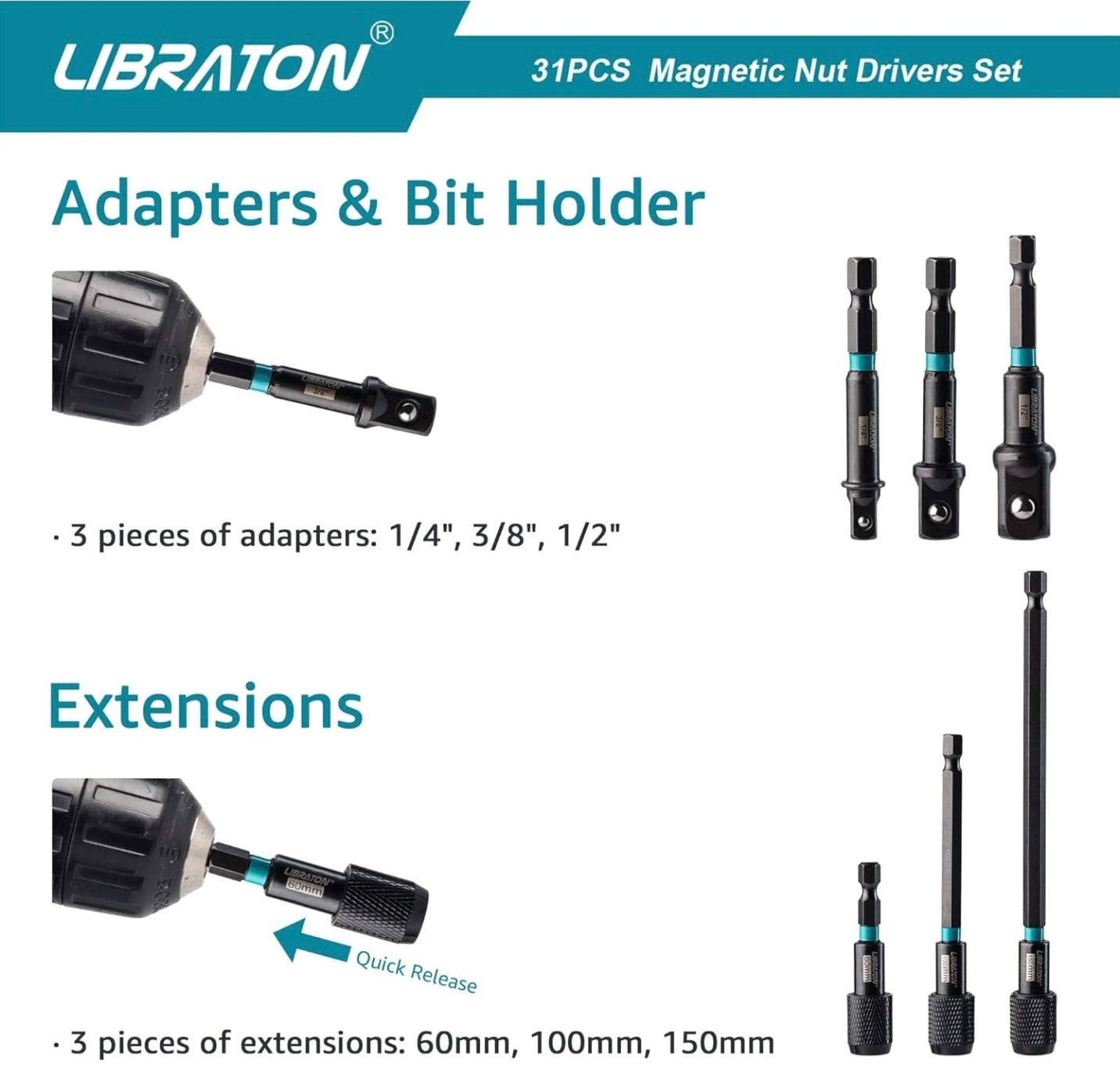 Libraton 31PCS Magnetic Nut Driver/ Impact Drill Driver Bit Set - Metric and SAE w/ Impact Socket Adapters, Bit Holder, Quick-release Extensions, Storage Bag