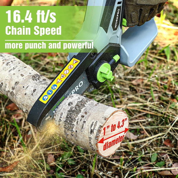 WORKPRO 6.3“ Cordless Electric Compact Chain Saw w/ 2 Batteries, Replacement Guide Bar, & Chain
