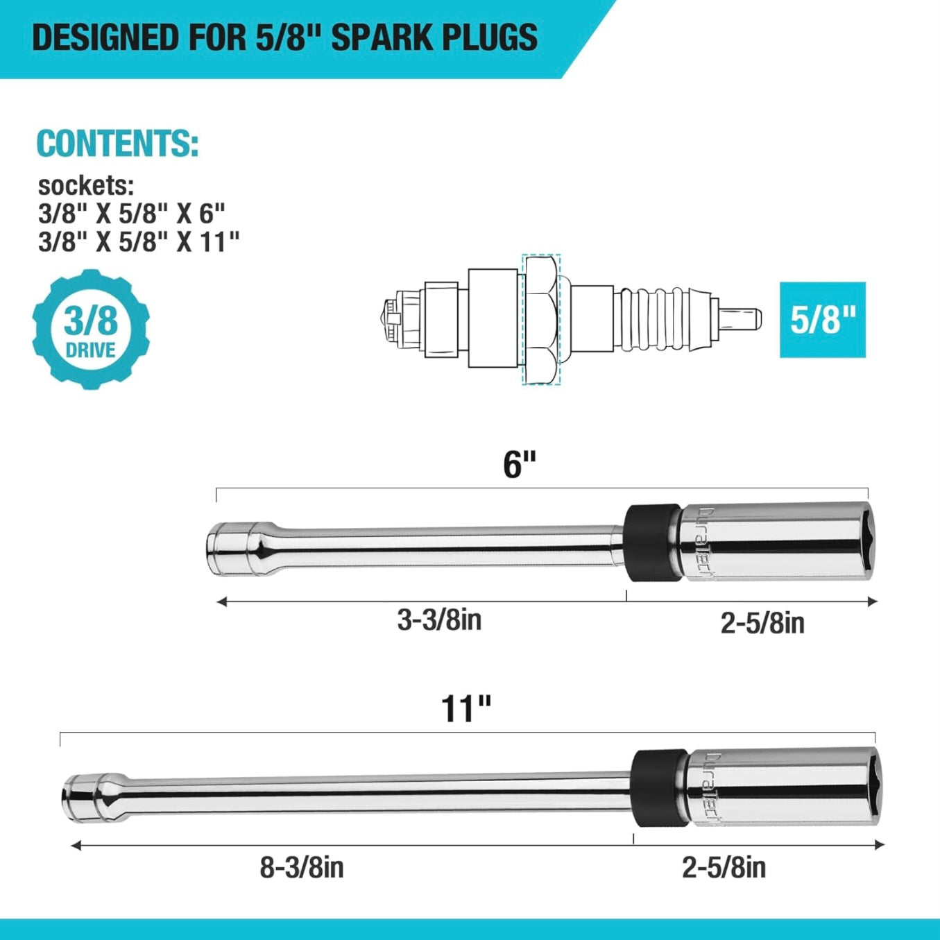 DURATECH 2PCS 5/8" Swivel Magnetic Spark Plug Socket Set, 3/8" Drive, 11" and 6"