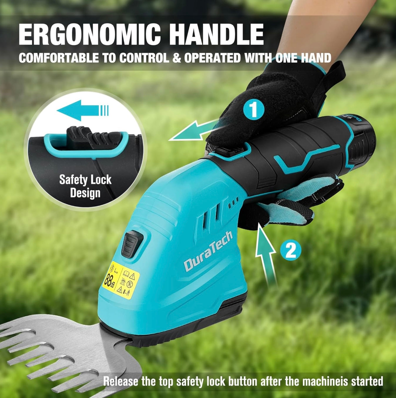 DURATECH 12V 2-in-1 Cordless Hedge Trimmer w/ 2.0Ah Li-Ion Battery, Charger & Storage Bag