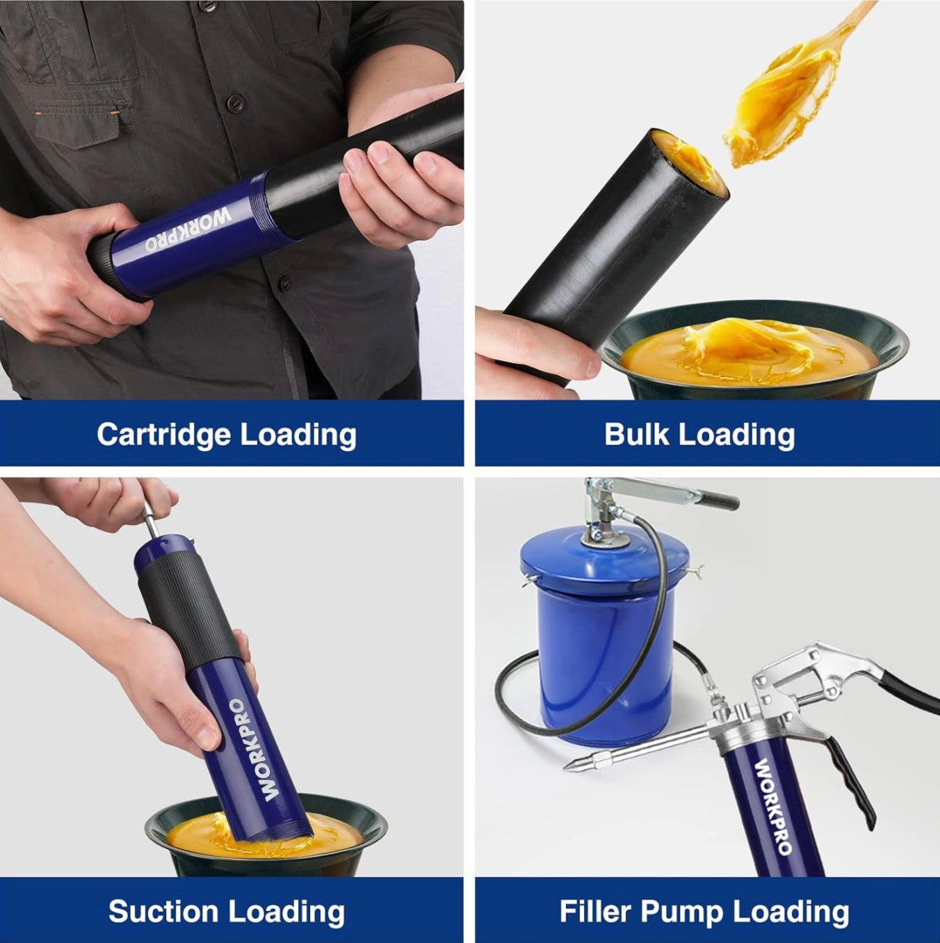 WORKPRO 6000PSI Grease Gun Kit w/ 18inch Flexible Hose, 2 Fixed Tubes & 3 Nozzles, 14oz Load