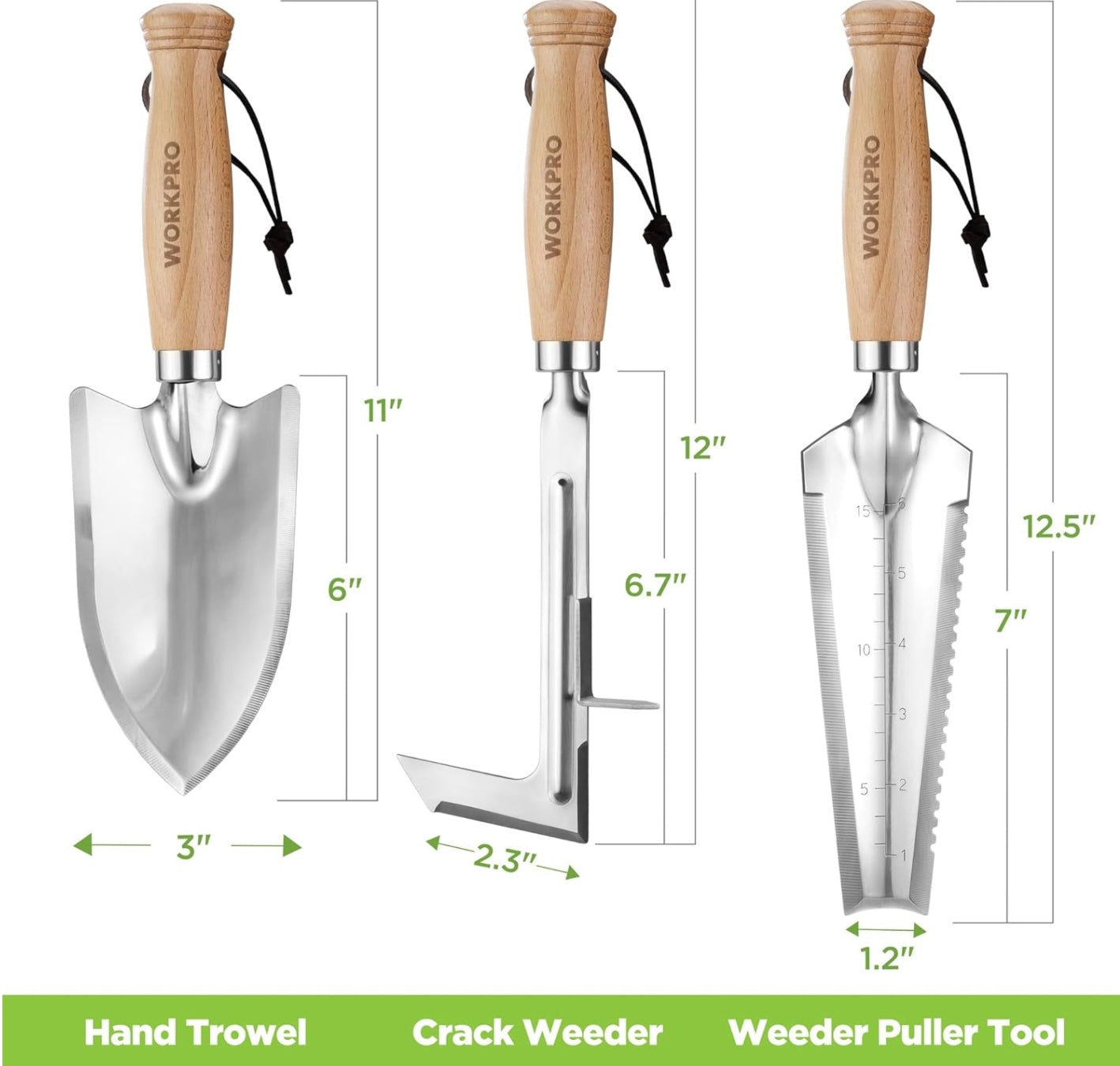 WORKPRO 3Pc Garden Tool Set w/ Wood Handle - Weed Puller, Crack Weeder, Hand Trowel
