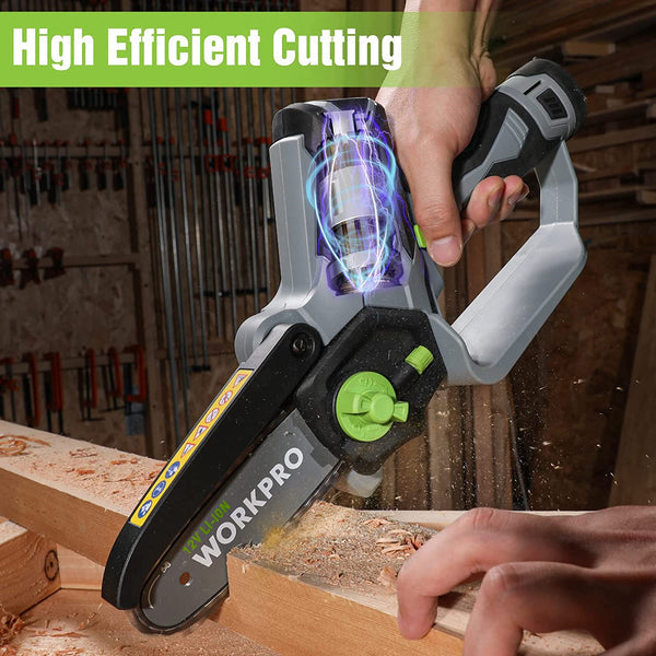 WORKPRO 6.3“ Cordless Electric Compact Chain Saw w/ 2 Batteries, Replacement Guide Bar, & Chain