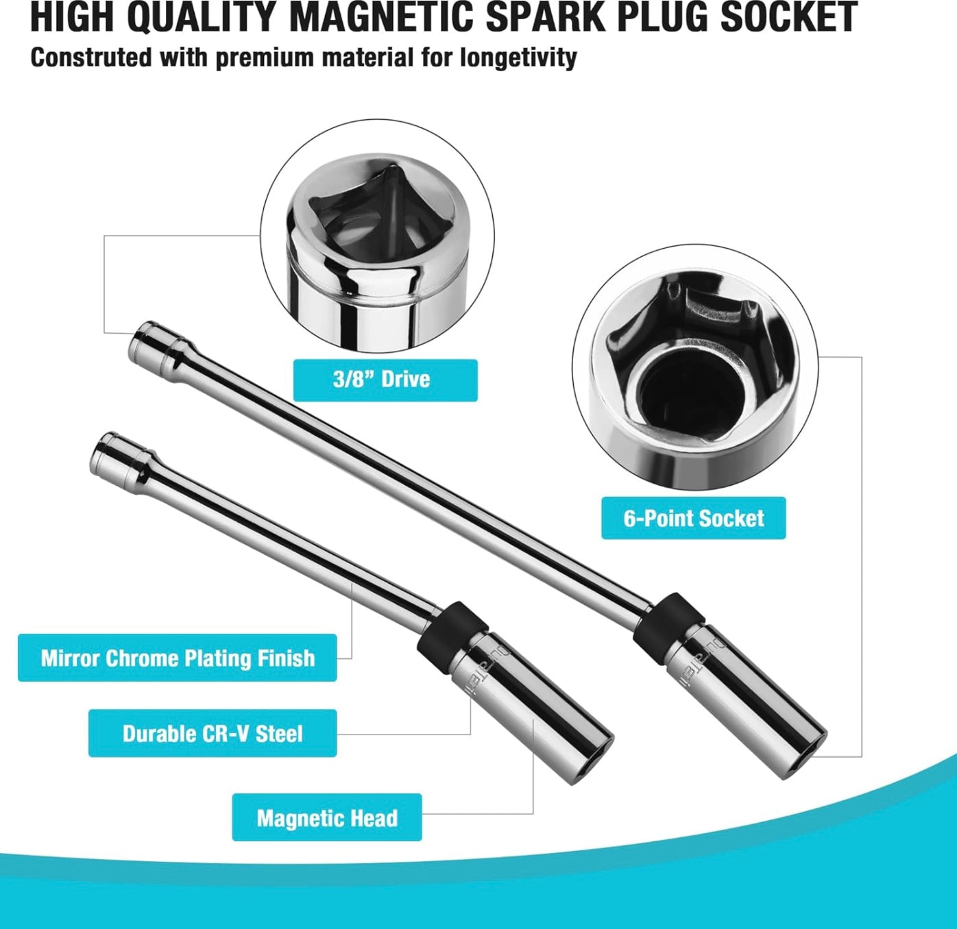 DURATECH 2PCS 5/8" Swivel Magnetic Spark Plug Socket Set, 3/8" Drive, 11" and 6"
