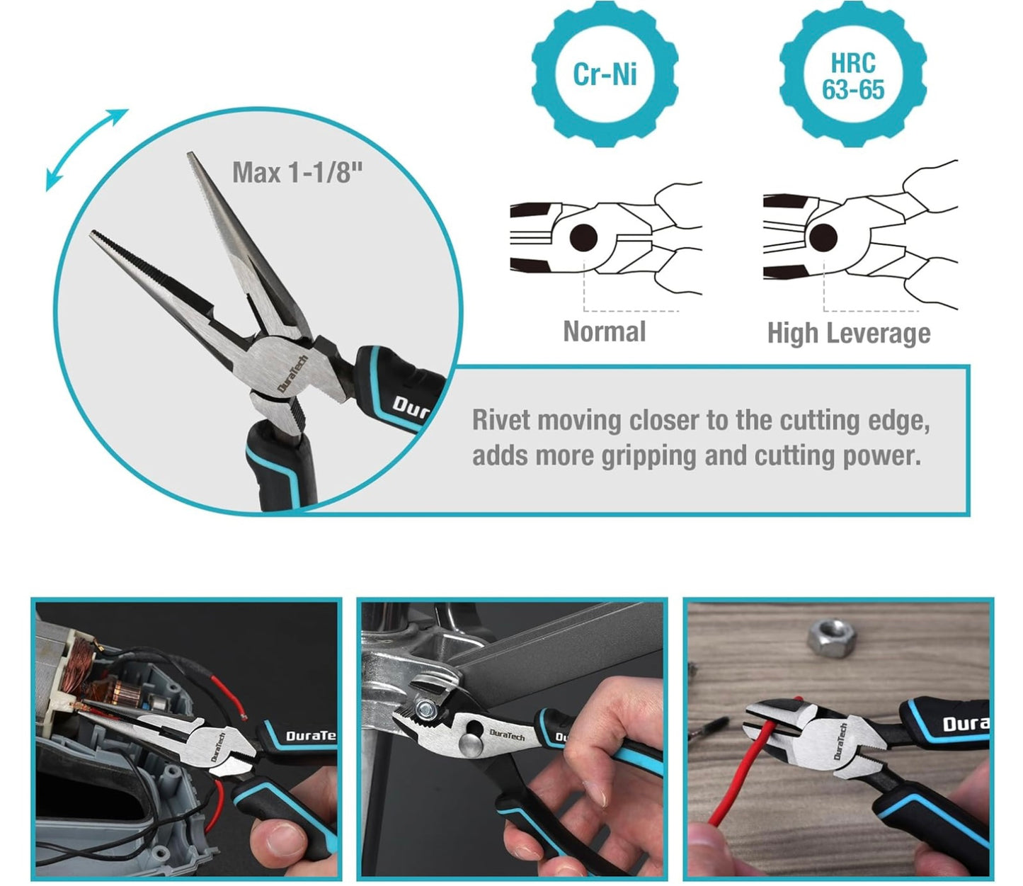 DURATECH 4PC Pliers Set w/ Rolling Pouch (10" Groove Joint Pliers, 8" Long Needle Nose, 6" Slip Joint, 6" Diagonal)