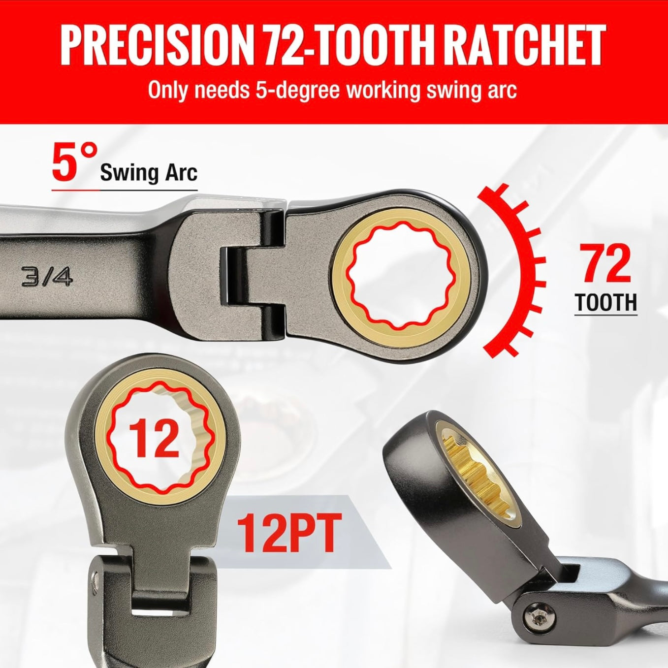 WORKPRO 8-piece Flex-Head Ratcheting Combination Wrench Set w/ Organizer Bag, SAE 5/16-3/4 in