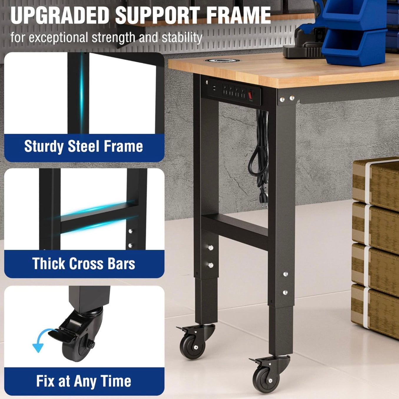 WORKPRO 48"X22" Adjustable Heavy-Duty Workbench w/ Wheels, Rubber Wood Top, Power Outlets, 1000lbs Stationary Load Capacity