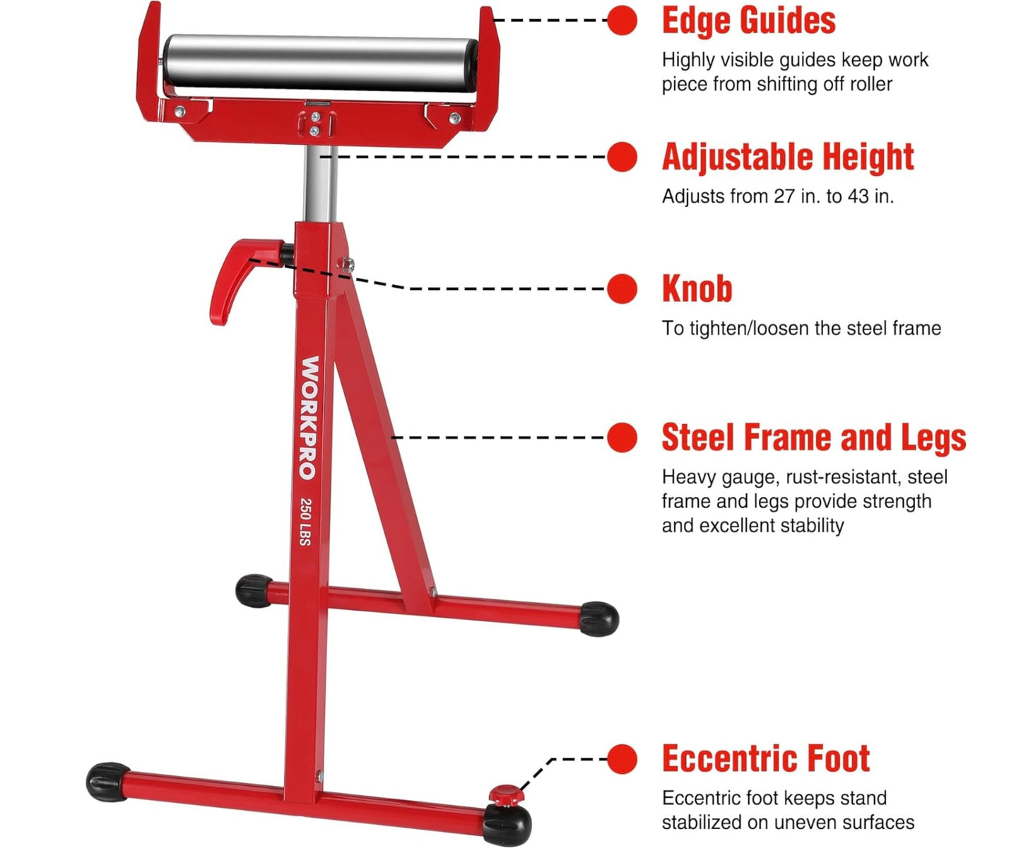 WORKPRO Height Adjustable Folding Roller Stand, Heavy Duty 250 LB Load Capacity, Outfeed Woodworking