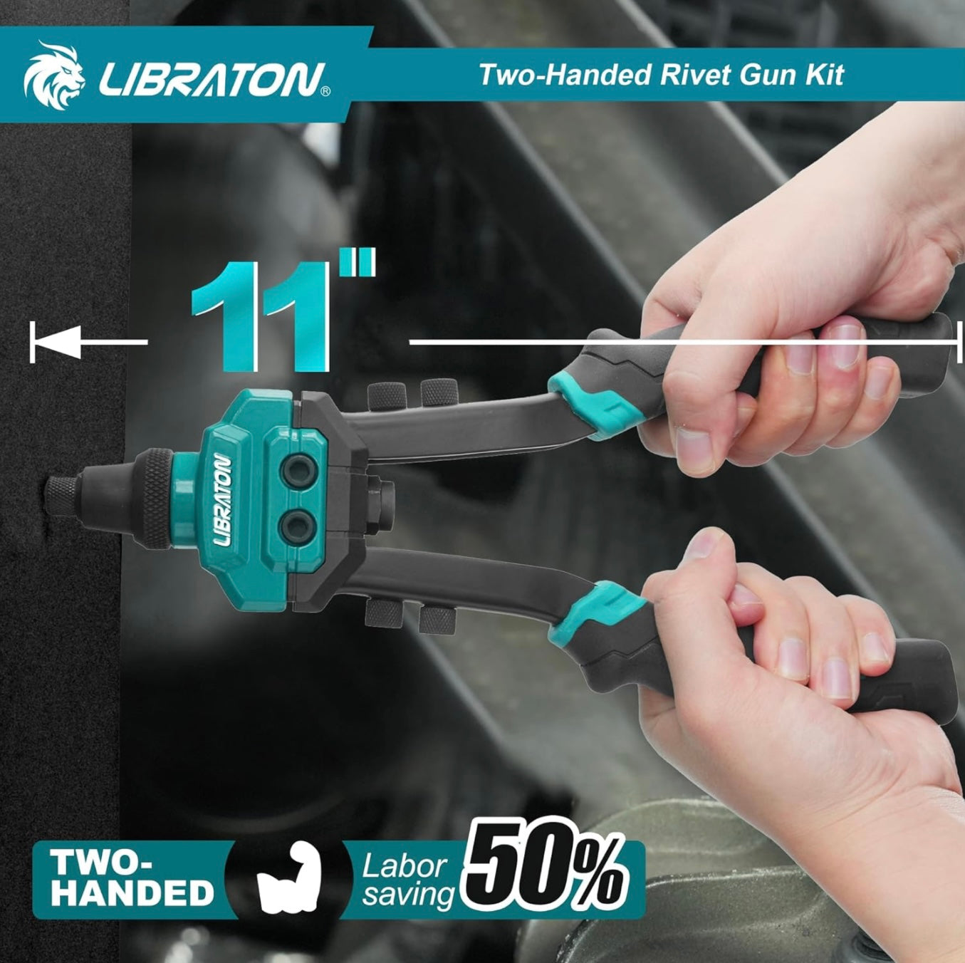 LIBRATON Heavy-Duty Two-Handed Pop Rivet Gun Kit w/ 250 Aluminum Rivets in Box, 5 Tool-Free Interchangeable Nozzles, 5 HSS Drill Bits