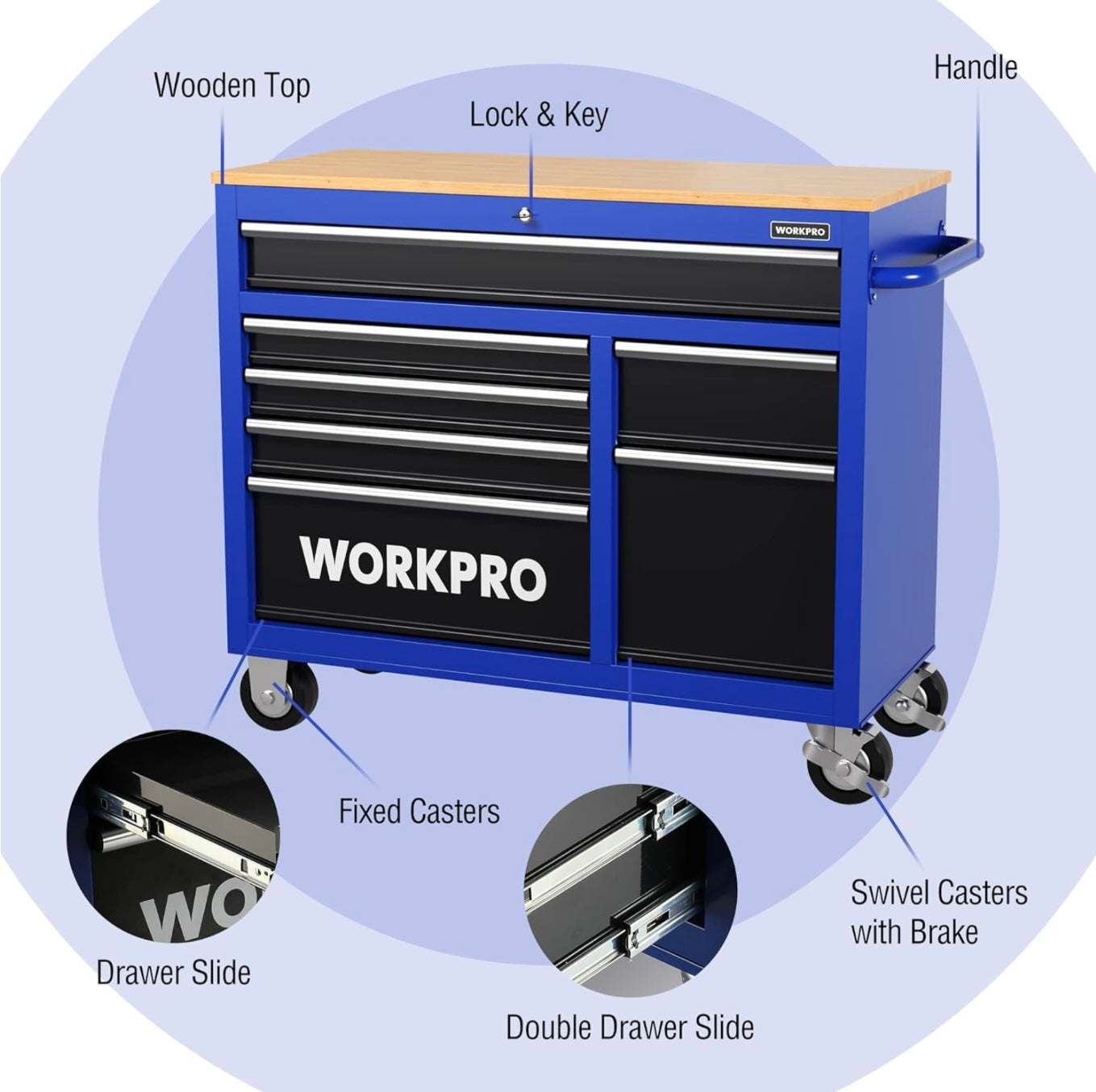 WORKPRO 42” 7-Drawers Rolling Tool Chest w/ Wooden Top, Casters, Handle, Drawer Liner, and Locking System, 1000 lbs Load Capacity