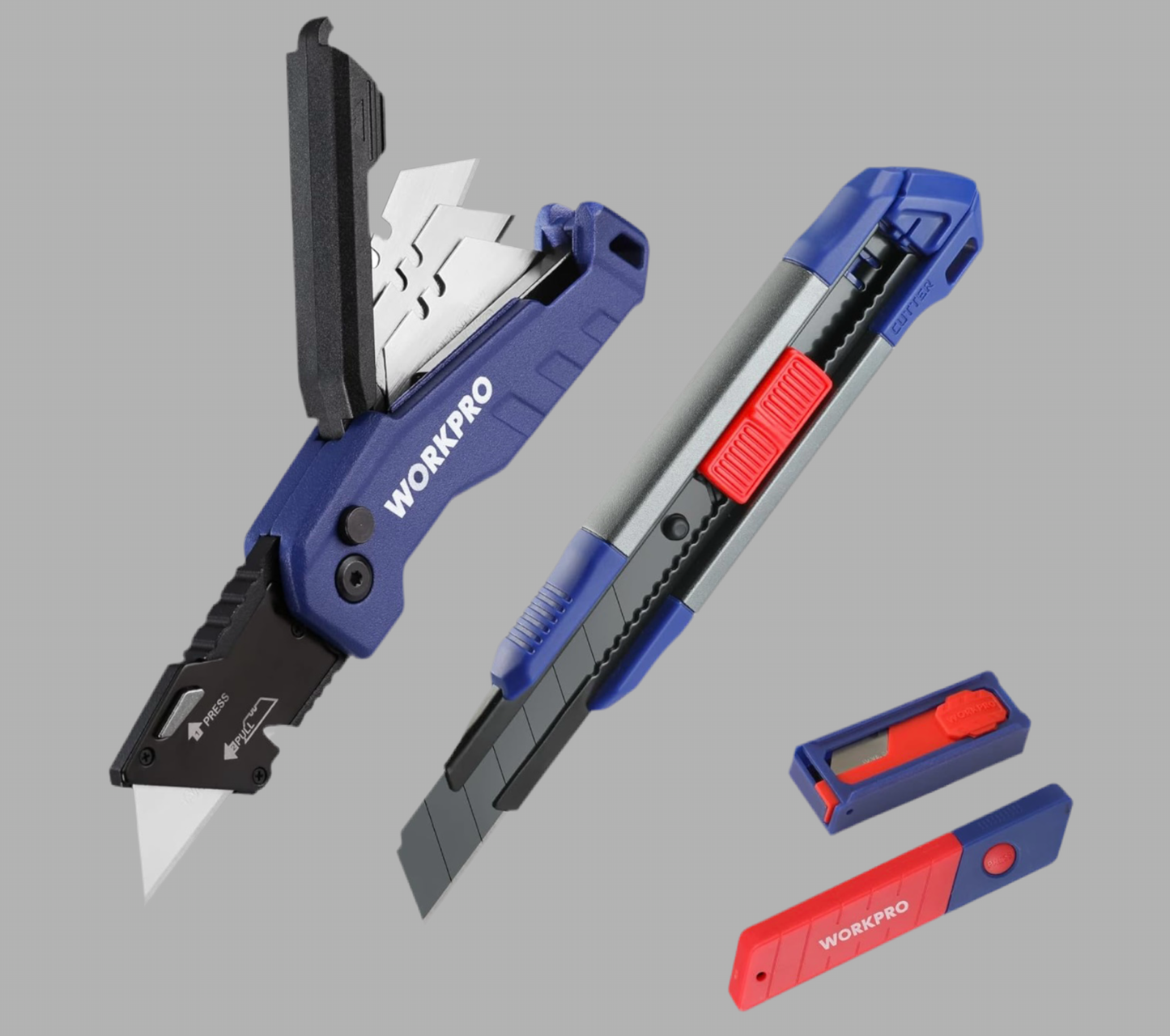 WORKPRO Quick-Change Folding Utility Knife & Retractable Snap-Off Box Cutter w/ Extra Blades