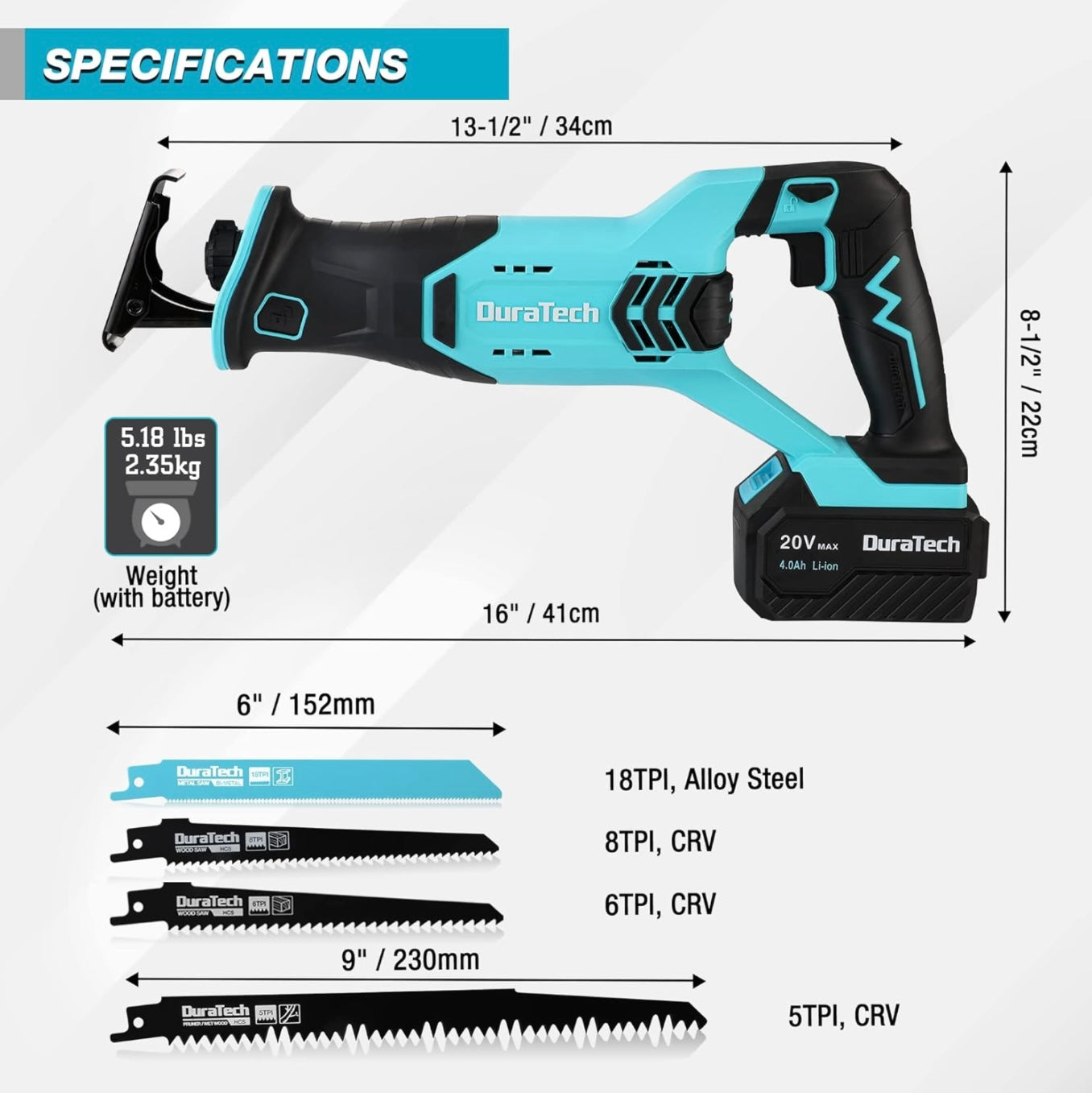 DURATECH 20V Cordless Reciprocating Saw w/ 4.0Ah Li-Ion Battery, Charger, 4 Blades