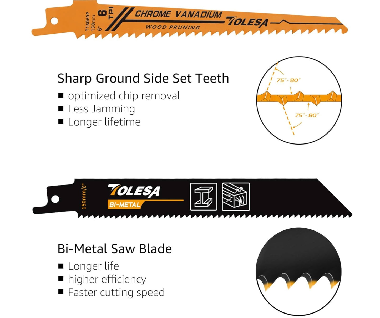 TOLESA 10PC 6” Metal/Woodcutting 6, 10, 18TPI Reciprocating Saw Blades