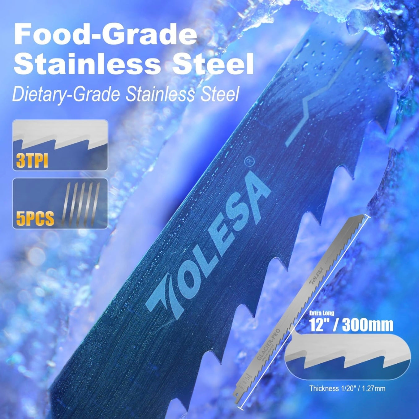 TOLESA 12-Inch Frozen Meat Bone Food Reciprocating Saw Blades 5-Pack, 3 TPI Stainless Steel Reciprocating Saw Blade for Splitting/Processing