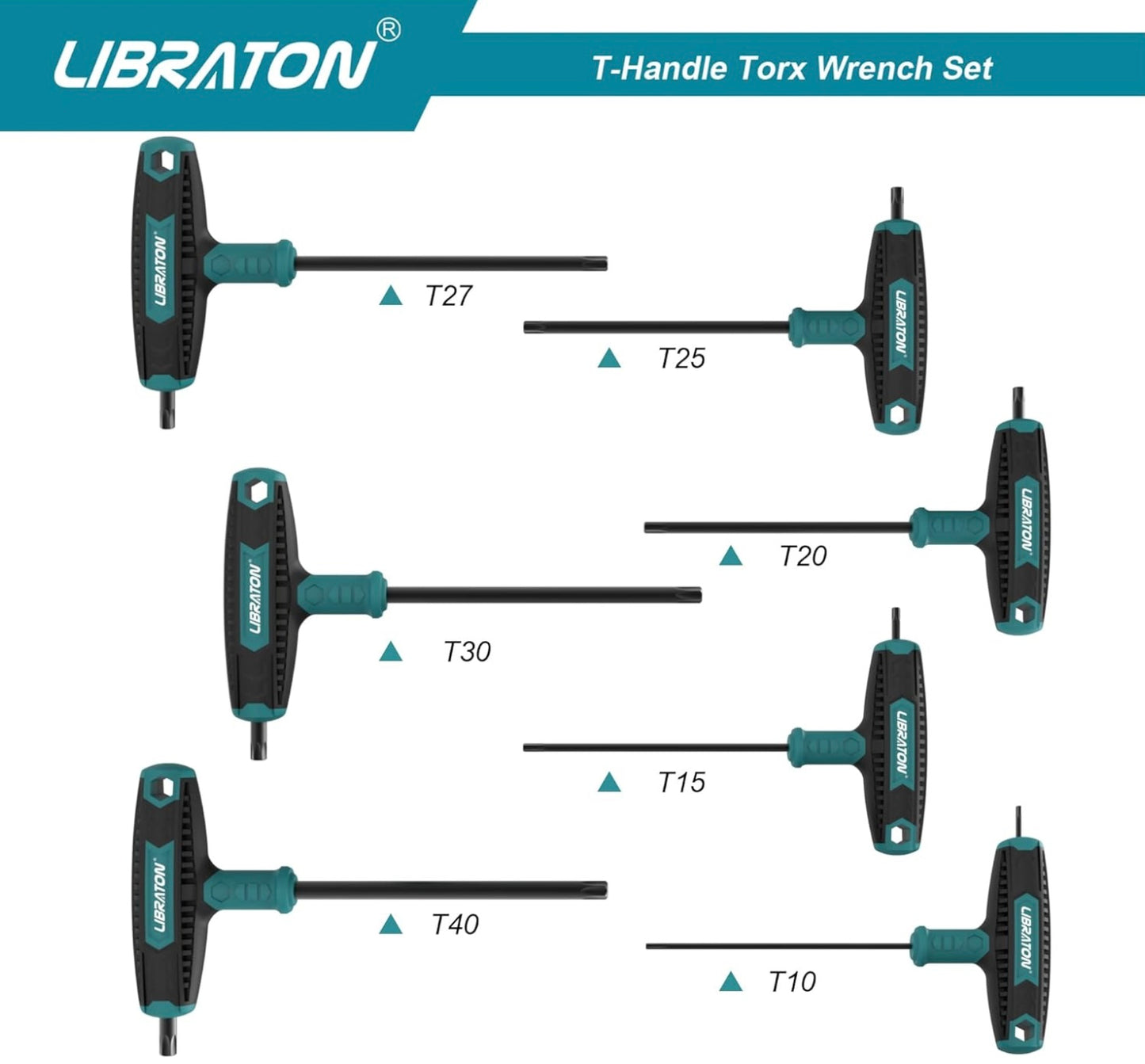 LIBRATON 7PC T Handle Wrench Set - Torx T10, T15, T20, T24, T27, T30, T40, Two-tip Design, w/ Storage Box