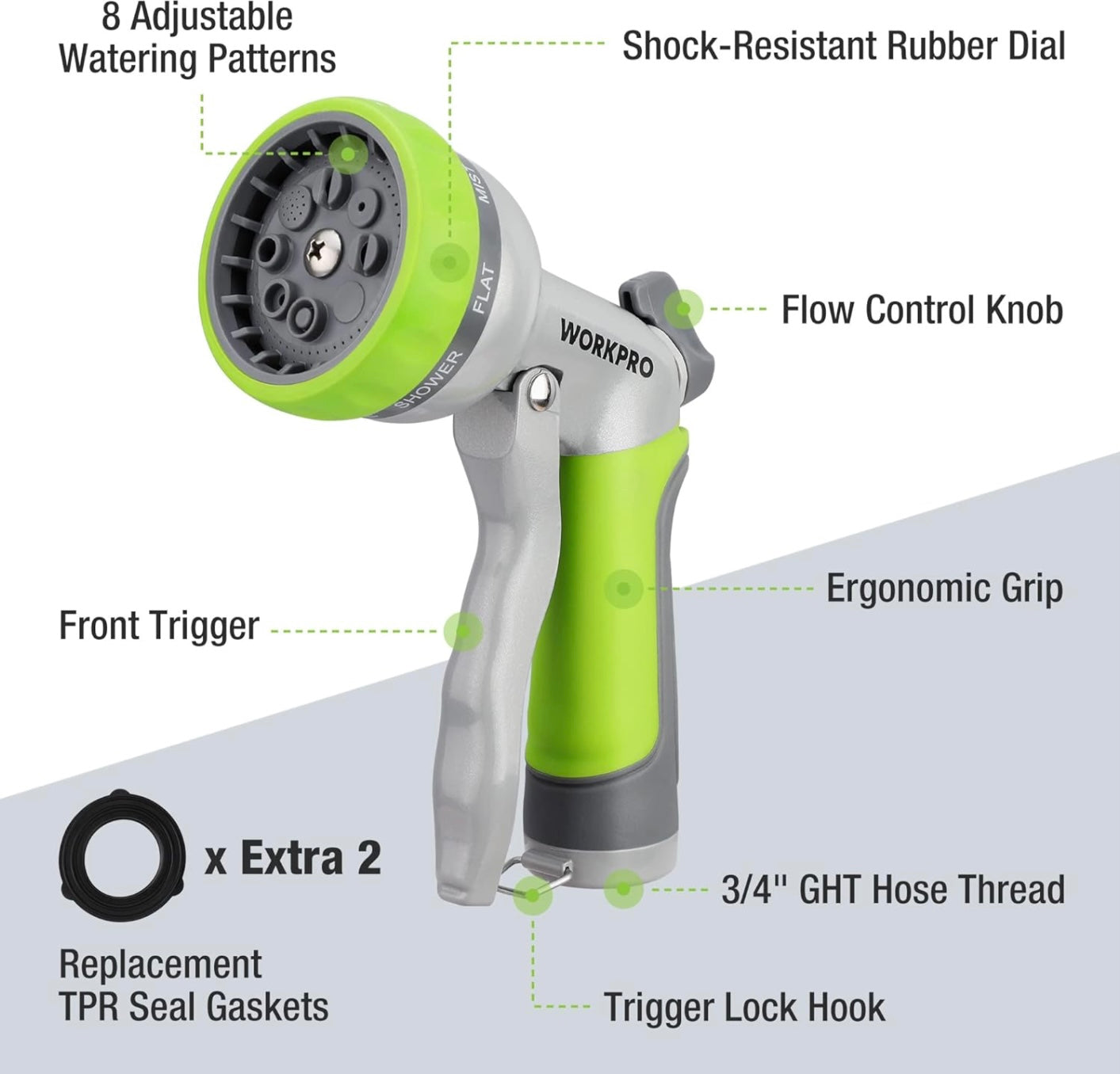 WORKPRO Heavy-Duty Garden Hose Nozzle w/ 8 Adjustable Spray Patterns