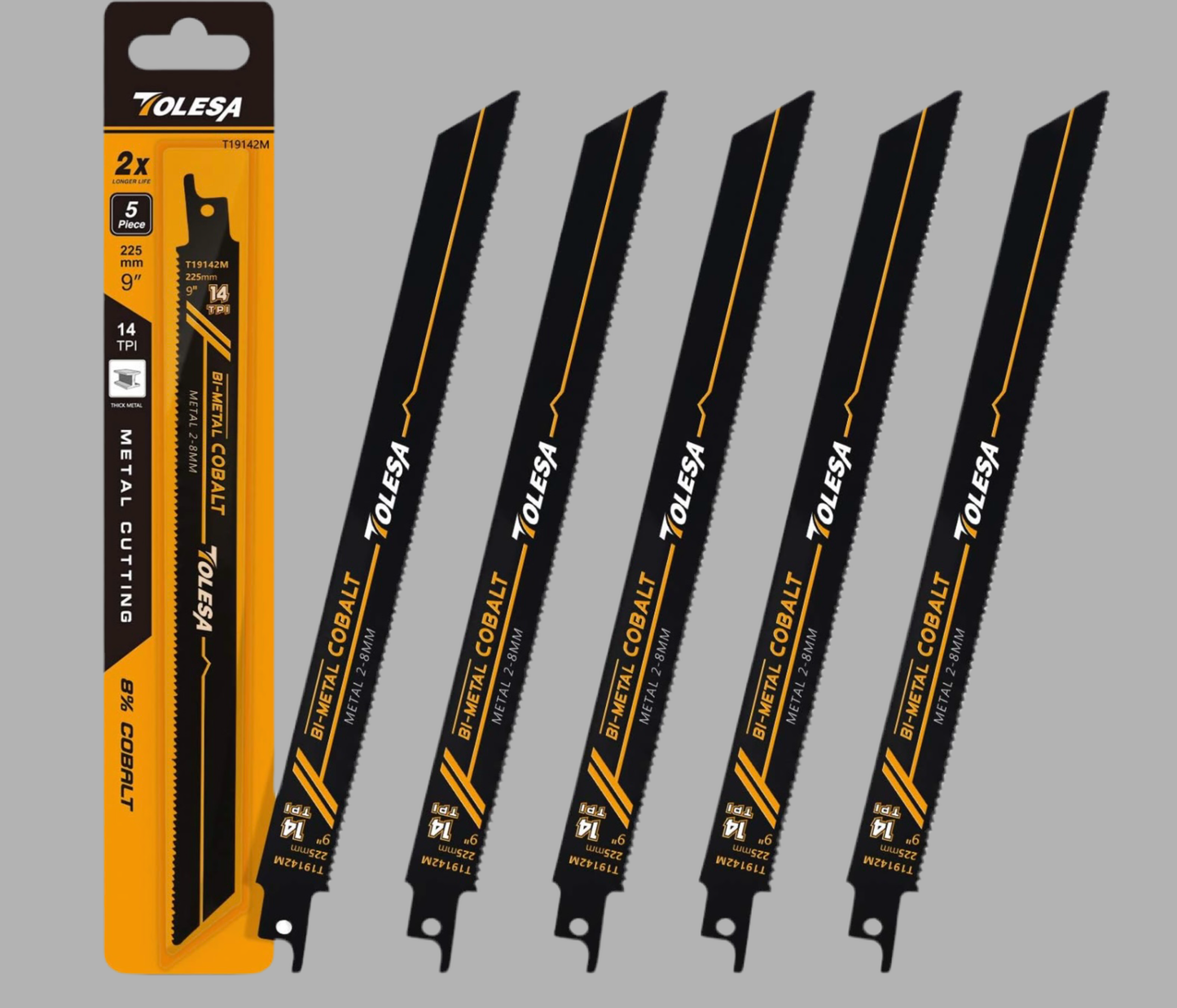 TOLESA 5PC 6”/9” Metal 2-8mm 14TPI Bi-Metal Cobalt Reciprocating Saw Blades