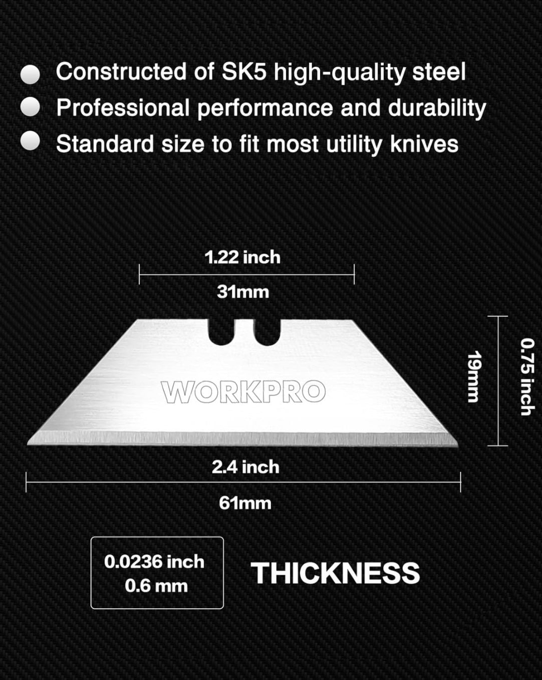 WORKPRO 50-Pack Utility Knife Blades w/ Dispenser - SK5 Steel