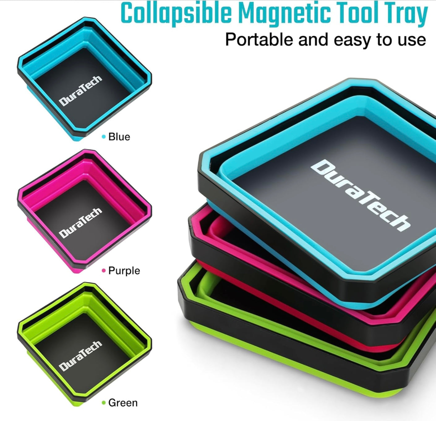 DURATECH 3PK Magnetic Silicone Foldable Parts Tray Set w/ Double-Sided Magnetic Base