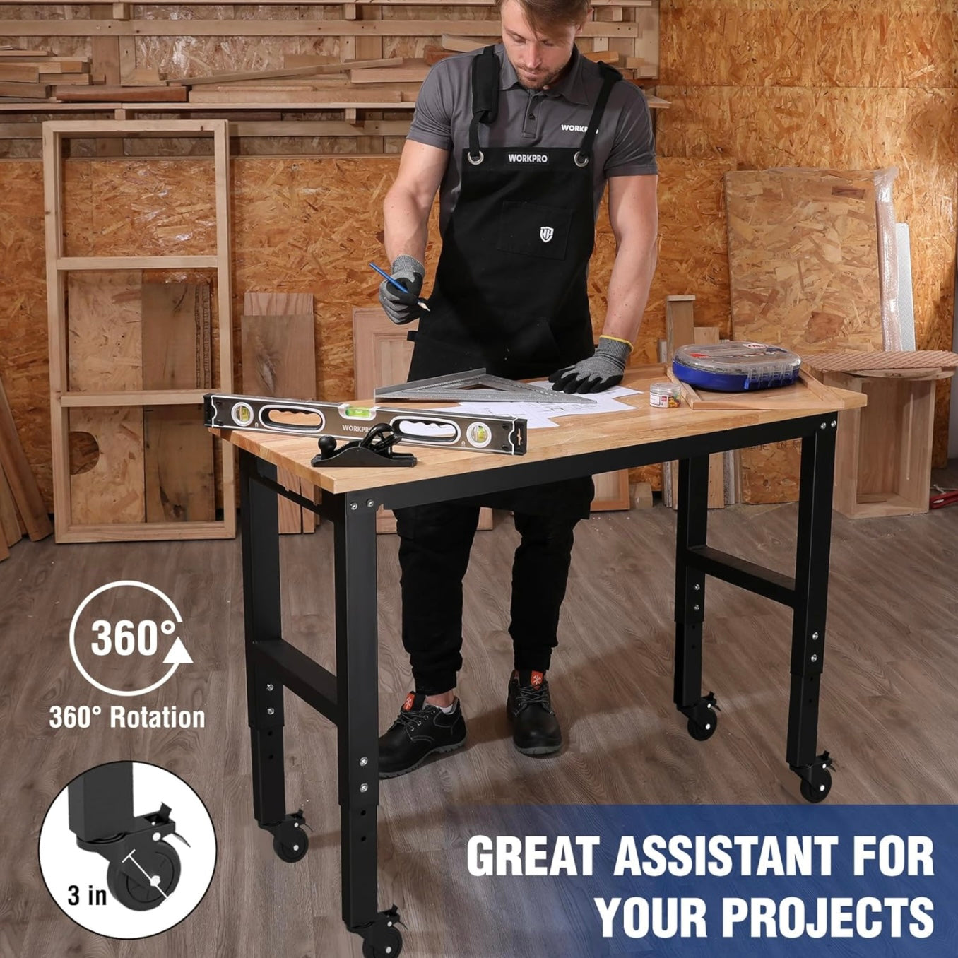 WORKPRO 48"X22" Adjustable Heavy-Duty Workbench w/ Wheels, Rubber Wood Top, Power Outlets, 1000lbs Stationary Load Capacity
