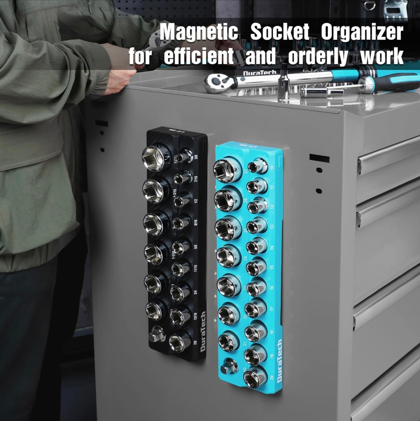 DURATECH 2PC SAE & Metric 1/2” Drive Magnetic Socket Organizer Set, Hold 35 Pieces Standard Size Sockets (Sockets Not Included)