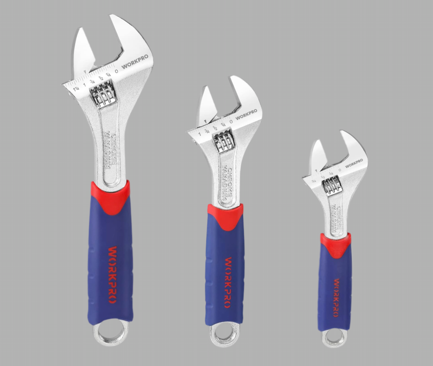 WORKPRO 3-piece Adjustable Wrench Set w/ Rubberized Anti-Slip Grips - 10”, 8”, 6”