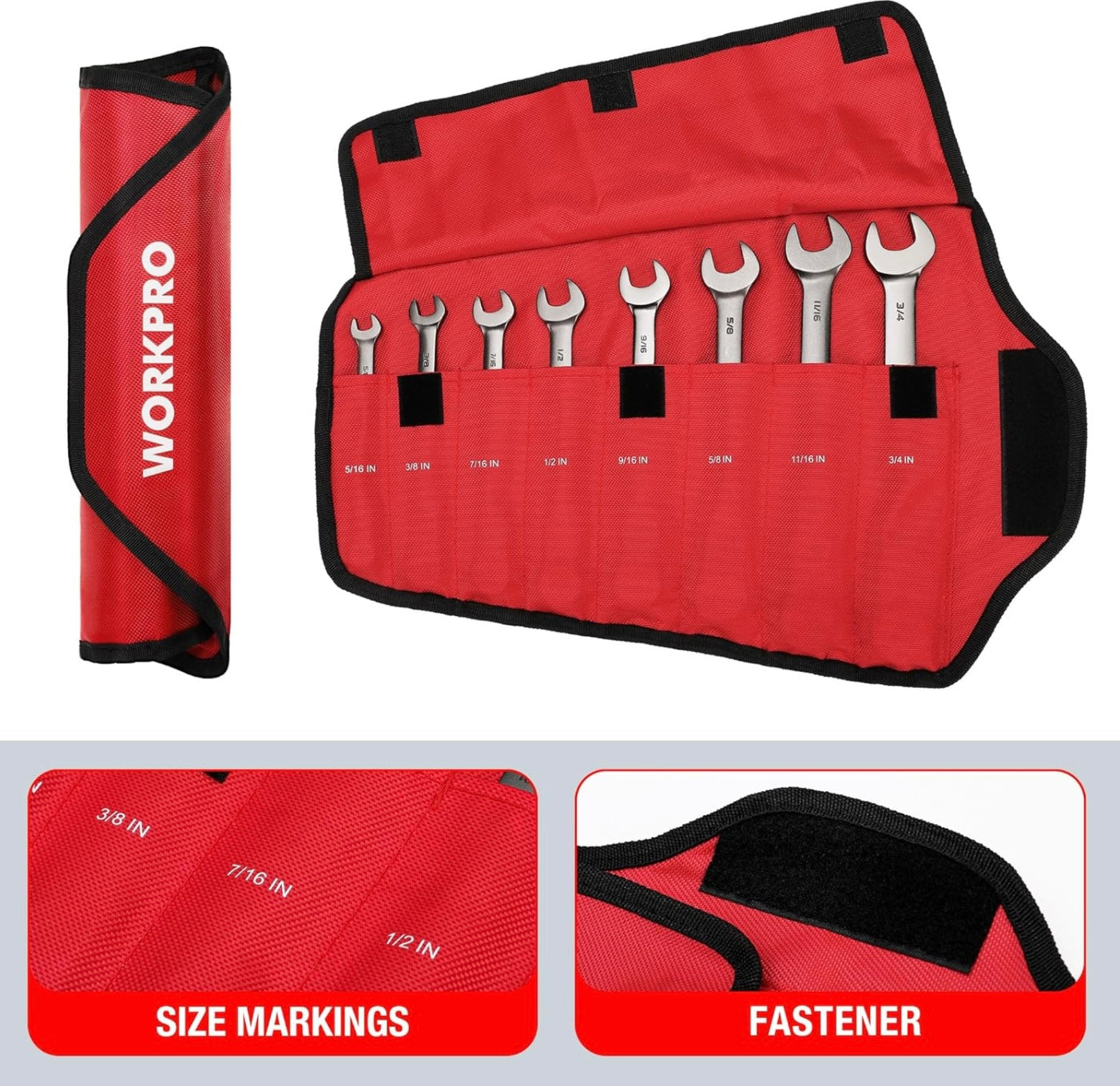 WORKPRO 8-piece Flex-Head Ratcheting Combination Wrench Set w/ Organizer Bag, SAE 5/16-3/4 in