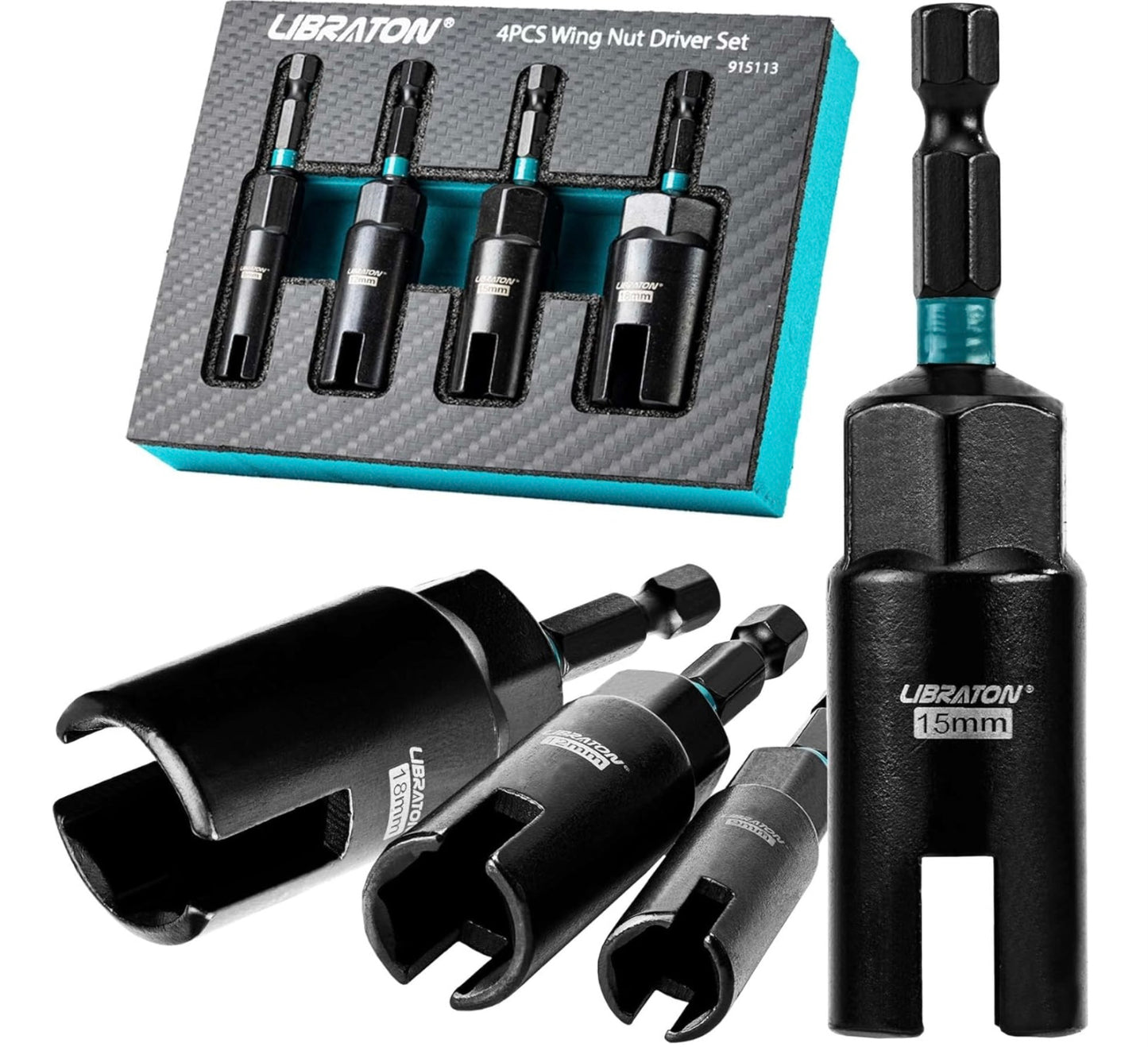 Libraton 4PC Wing Nut Drive Bit w/ EVA Storage (9, 12, 15, 18mm)