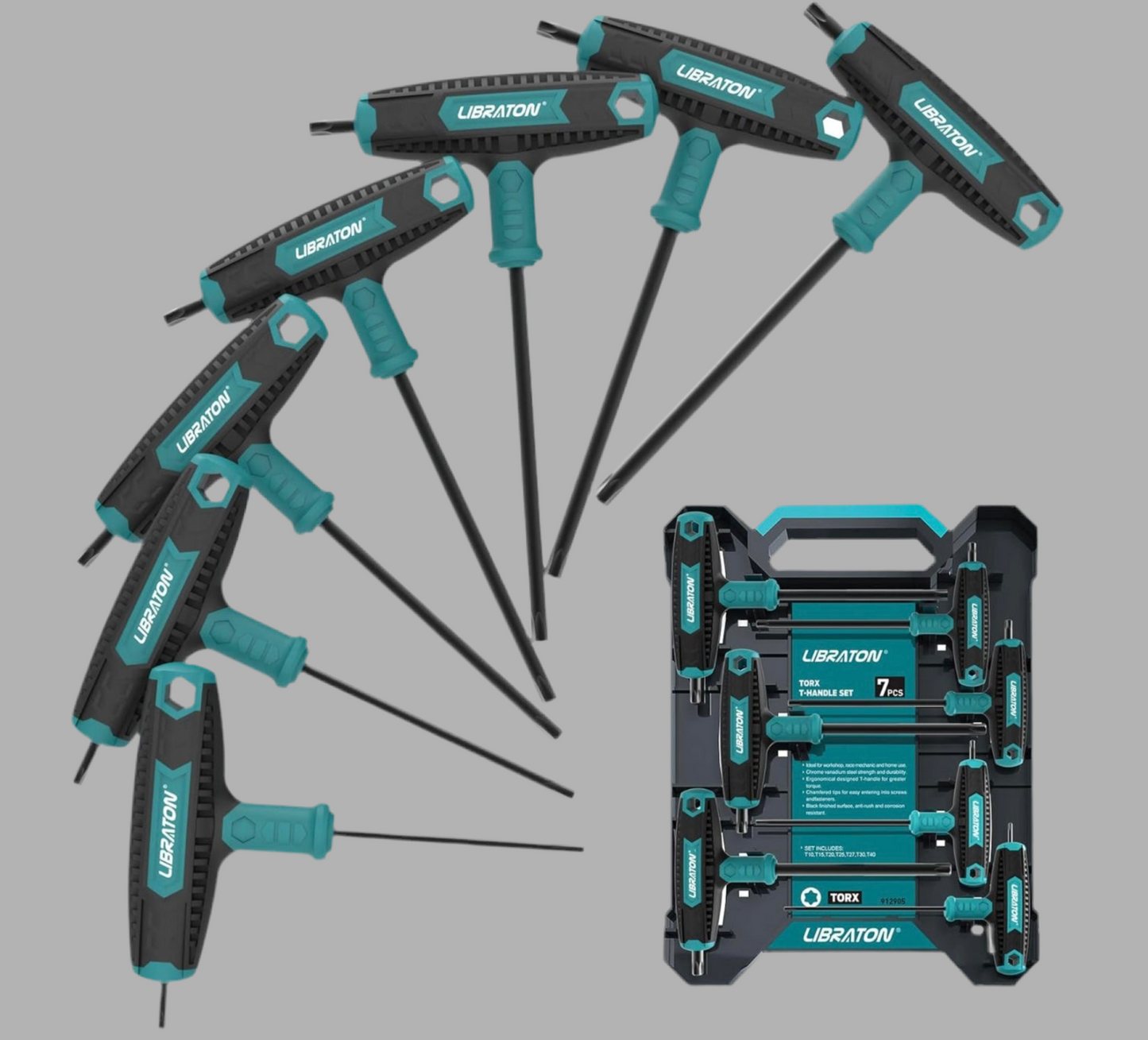 LIBRATON 7PC T Handle Wrench Set - Torx T10, T15, T20, T24, T27, T30, T40, Two-tip Design, w/ Storage Box