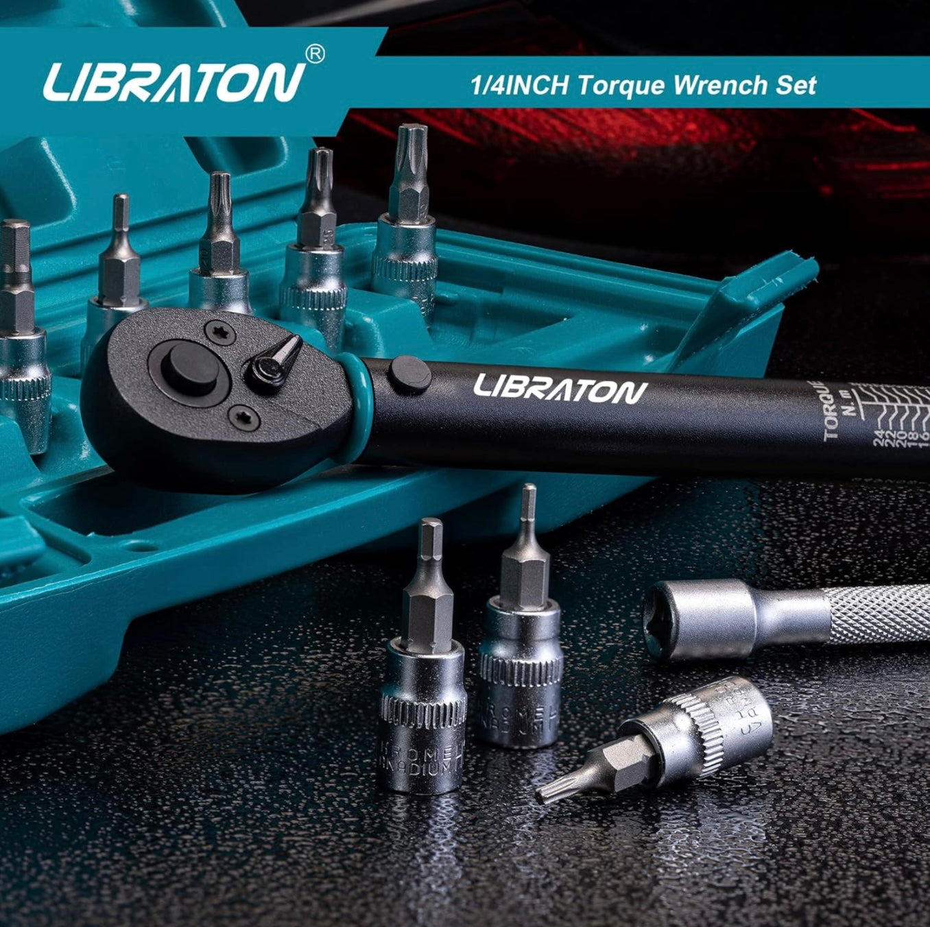 LIBRATON 14PC 1/4” Drive Click Torque Wrench Set, 5-25Nm w/ Hex, Torx, Star Bit Sockets, Extension Bar