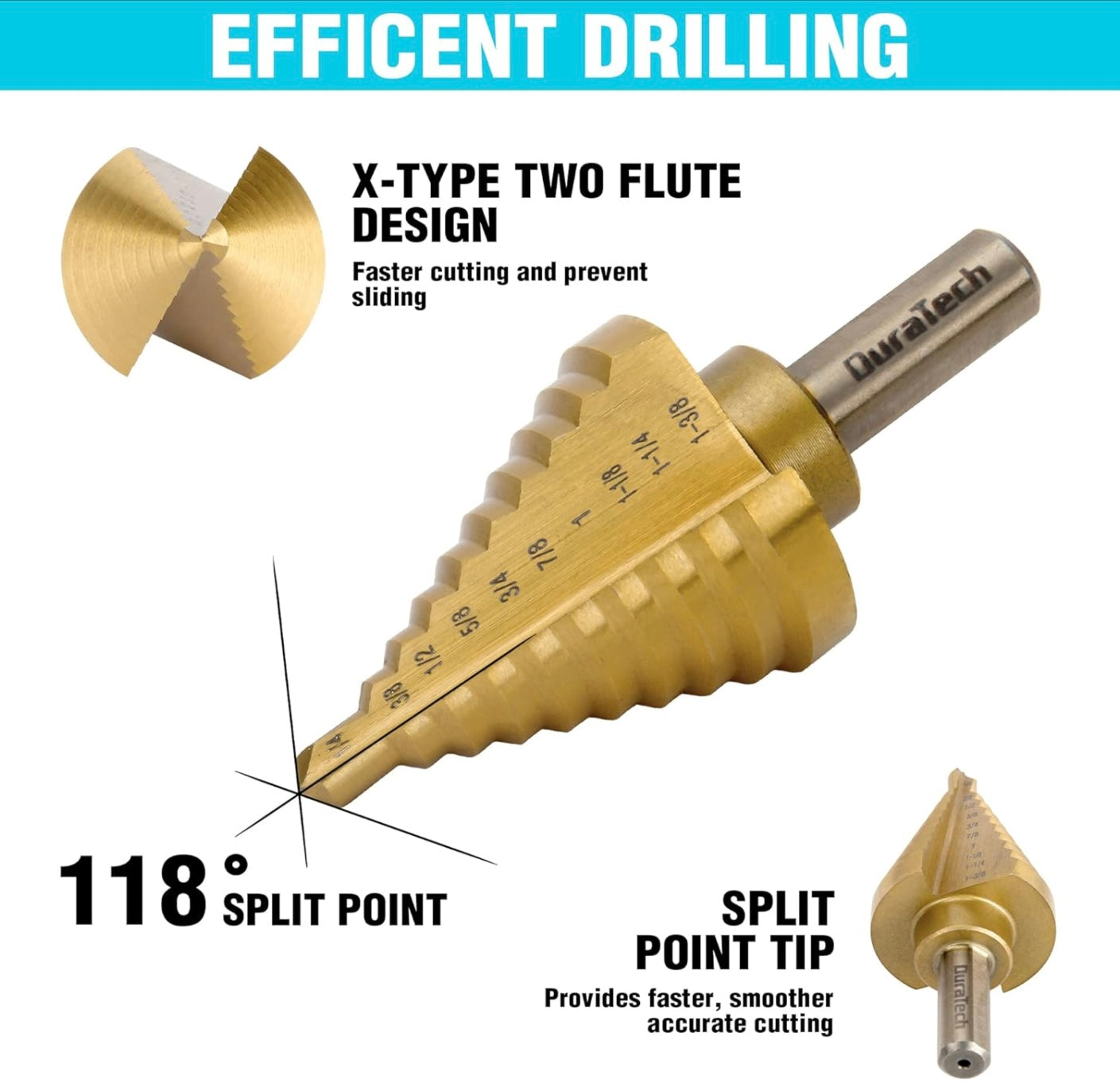 DURATECH 6-Piece Step Drill Bit Set with Automatic Center Punch, 50 Sizes in 5 High Speed Steel, Titanium Coated, Double Flute Cutting Blades Step Drill Bits for Metal, with Storage Case