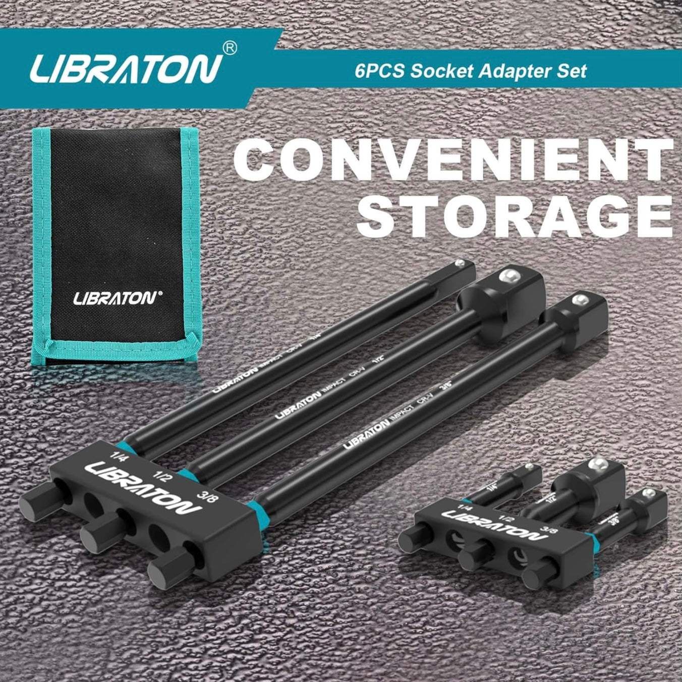 Libraton 6PC Impact Grade Socket Adapter Extension Set w/ Storage Bag - 1/4”, 3/8”, 1/2” (3” & 6”)