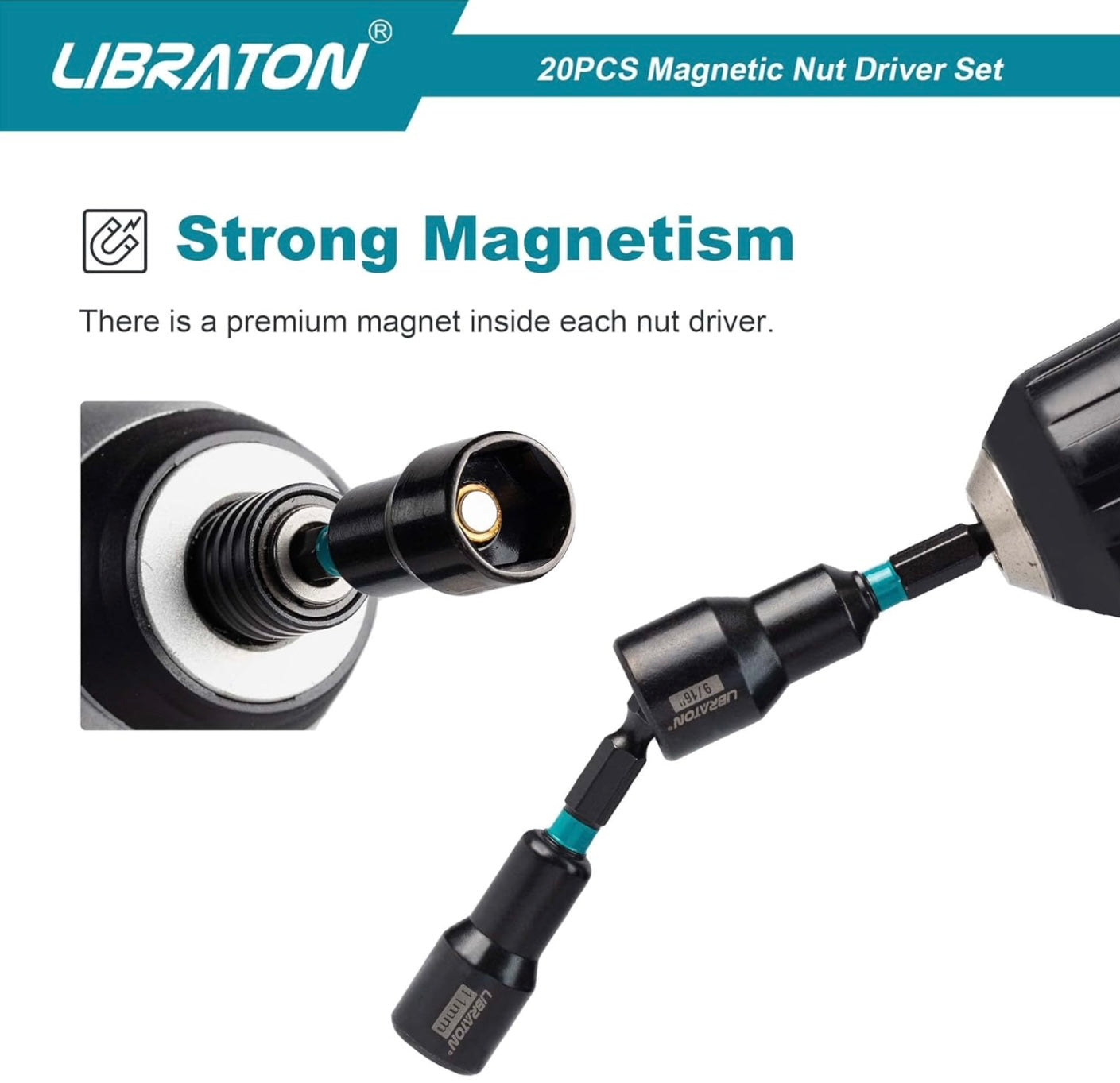 Libraton 20PC 1/4” Magnetic Nut Driver Set, Metric and SAE, w/ Storage Bag