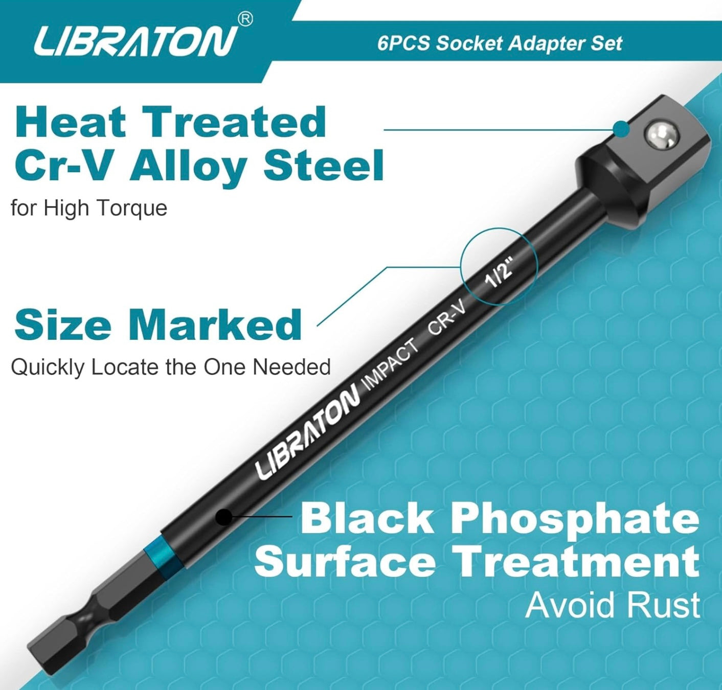 Libraton 6PC Impact Grade Socket Adapter Extension Set w/ Storage Bag - 1/4”, 3/8”, 1/2” (3” & 6”)