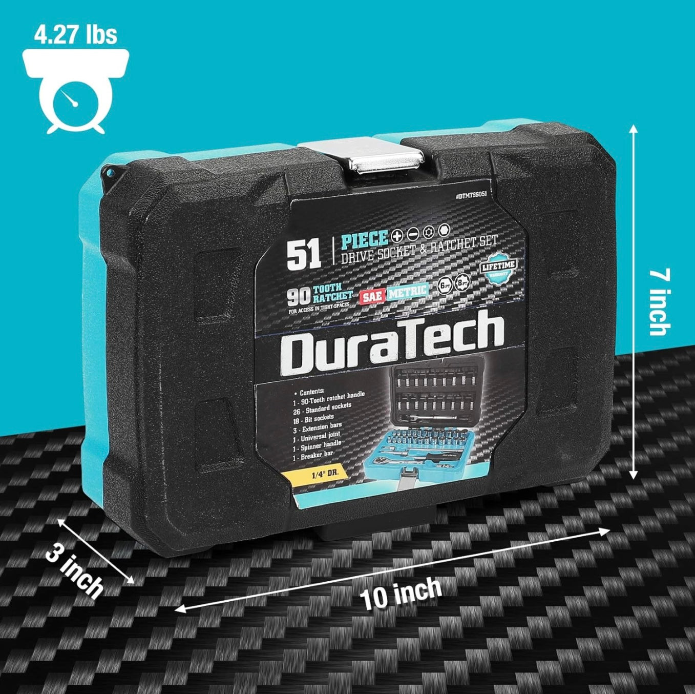 DURATECH 51PC 1/4" Drive SAE & Metric Socket Set, Bit Sockets, Ratchet, Universal Joint