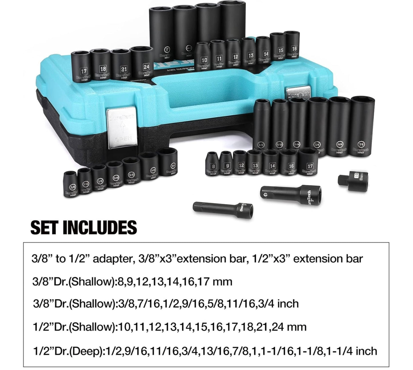 DURATECH 38PC 1/2" & 3/8" Drive Impact Socket Set, Metric/SAE Sockets w/ Extension Bars and Impact Adapter