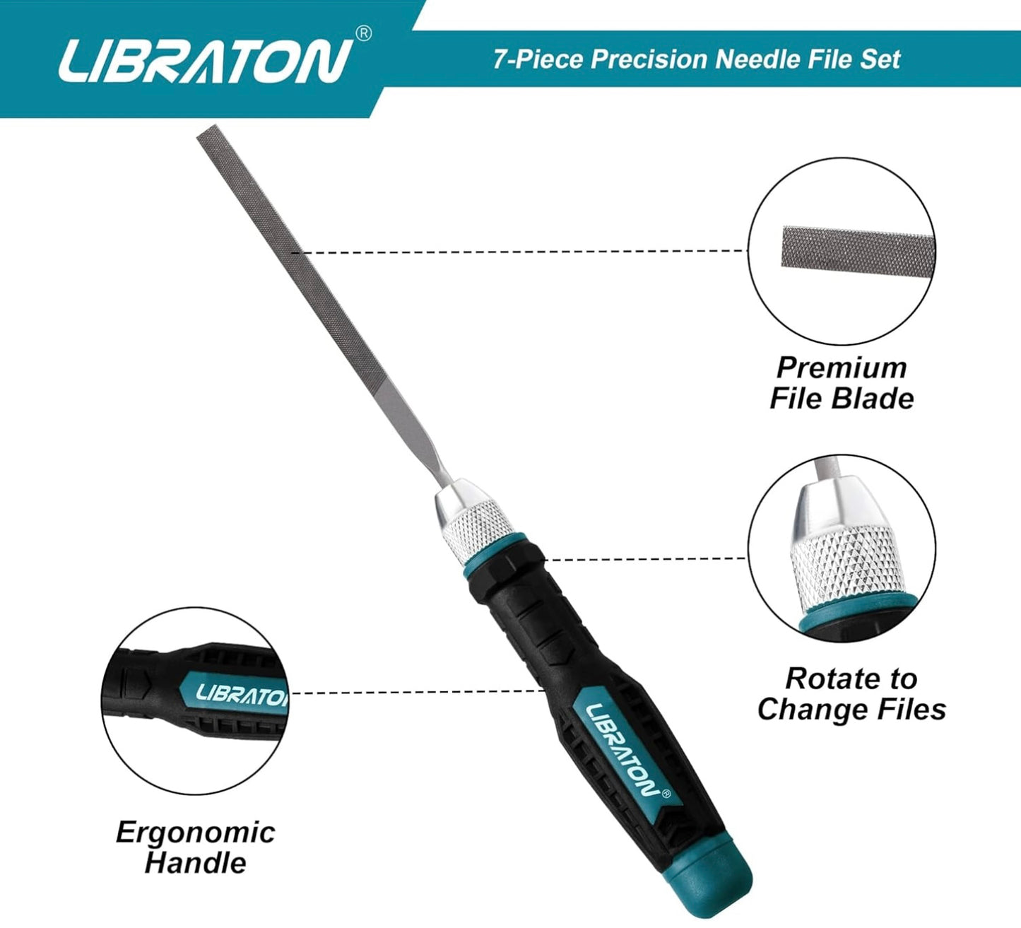 LIBRATON 7PC Interchangeable Needle File Set w/ Handle