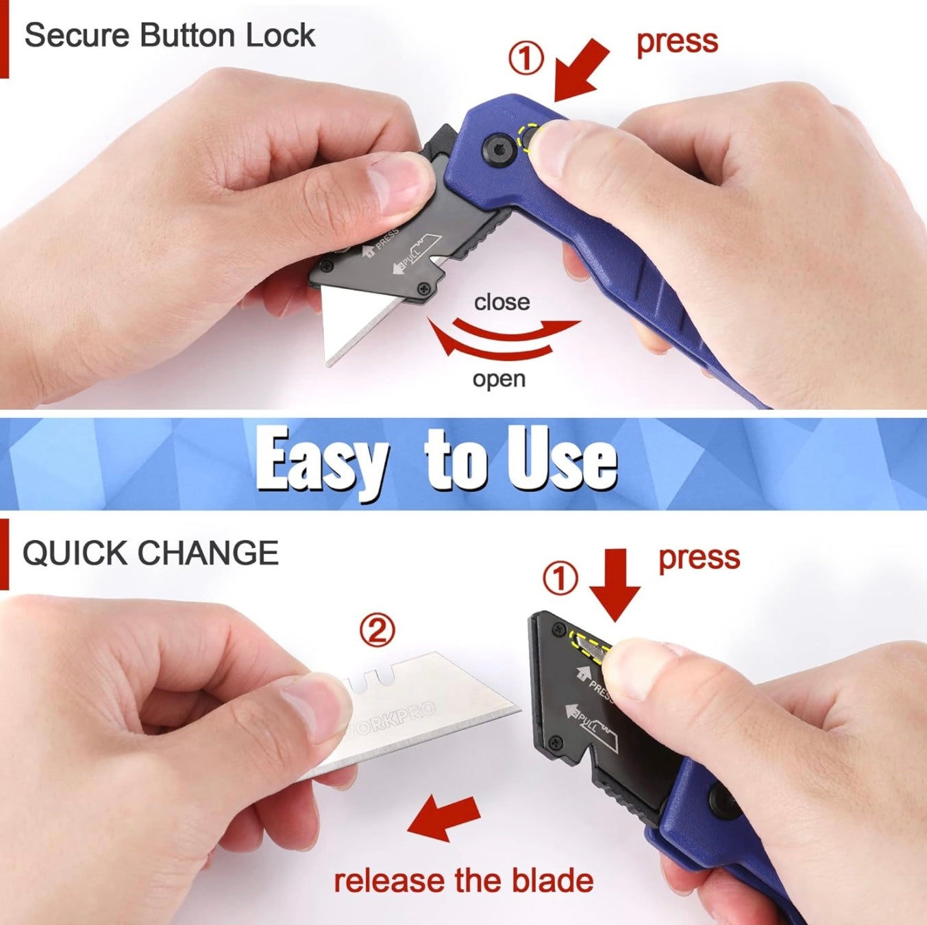 WORKPRO Quick-Change Folding Utility Knife & Retractable Snap-Off Box Cutter w/ Extra Blades