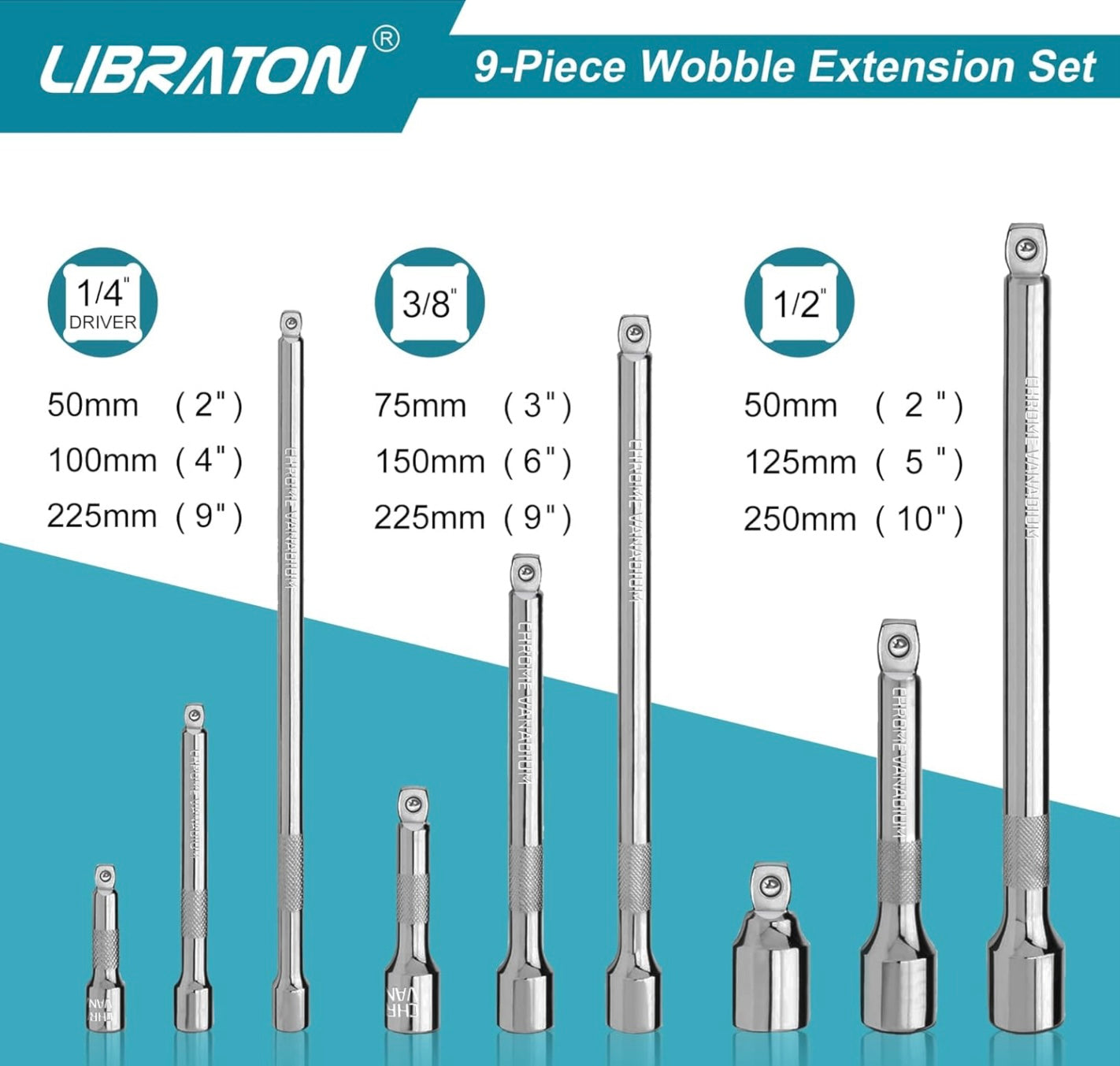 LIBRATON 9PC Wobble Extension Set w/ EVA Storage Tray - 1/4'', 3/8'', 1/2''