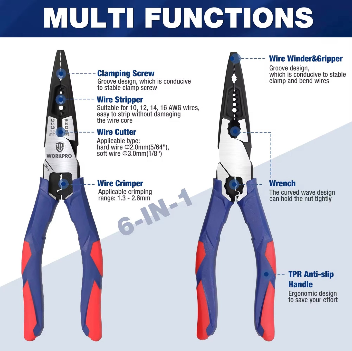 WORKPRO 8” Multifunctional Long Nose Pliers w/ Wire Cutter, Stripper, Crimper