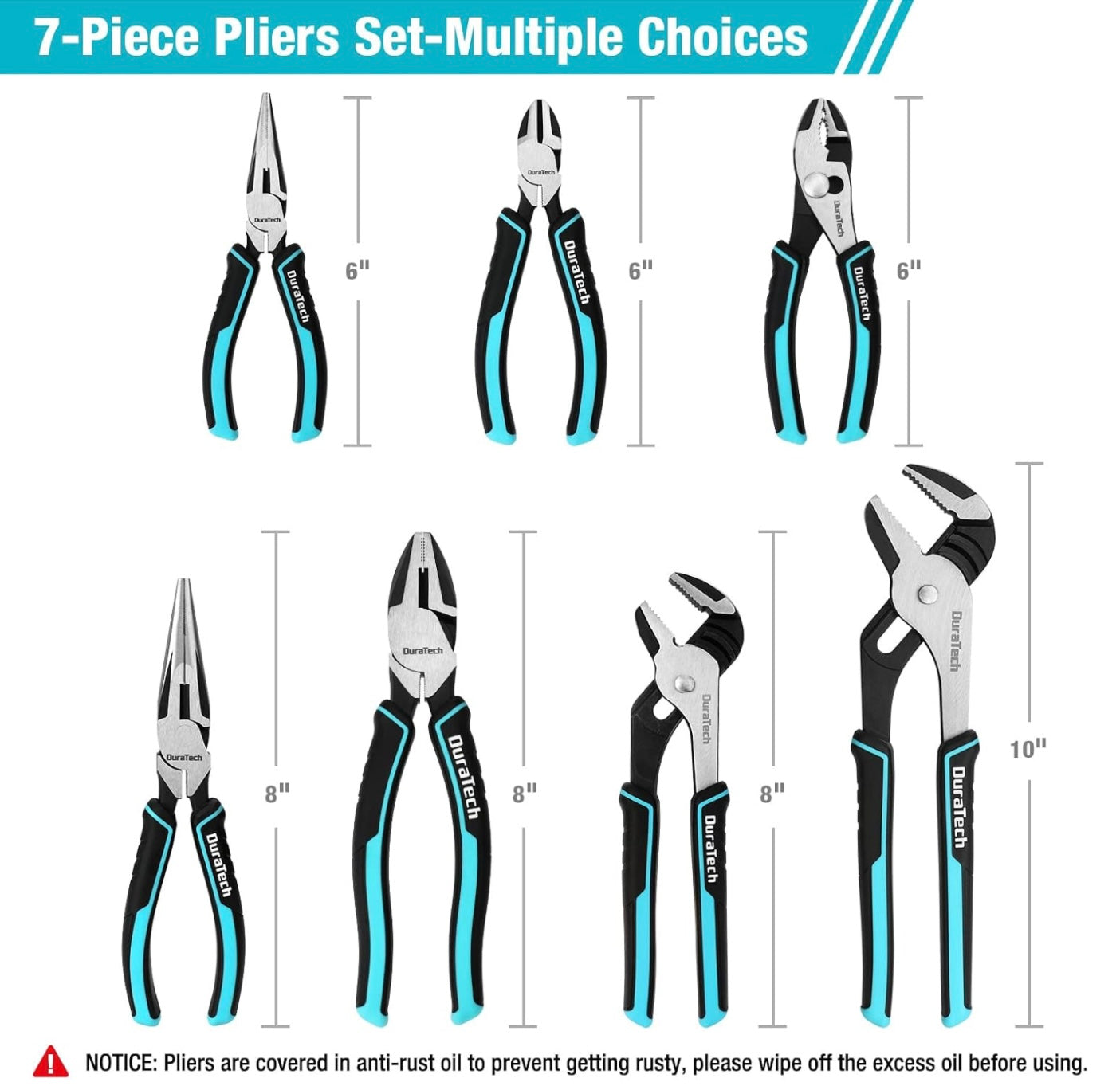 DURATECH 7PC Pliers Set w/ Rolling Pouch, 8”/10” Groove Joint Pliers, 6”/8” Long Needle Nose, 8" Linesman, 6" Slip Joint, 6" Diagonal