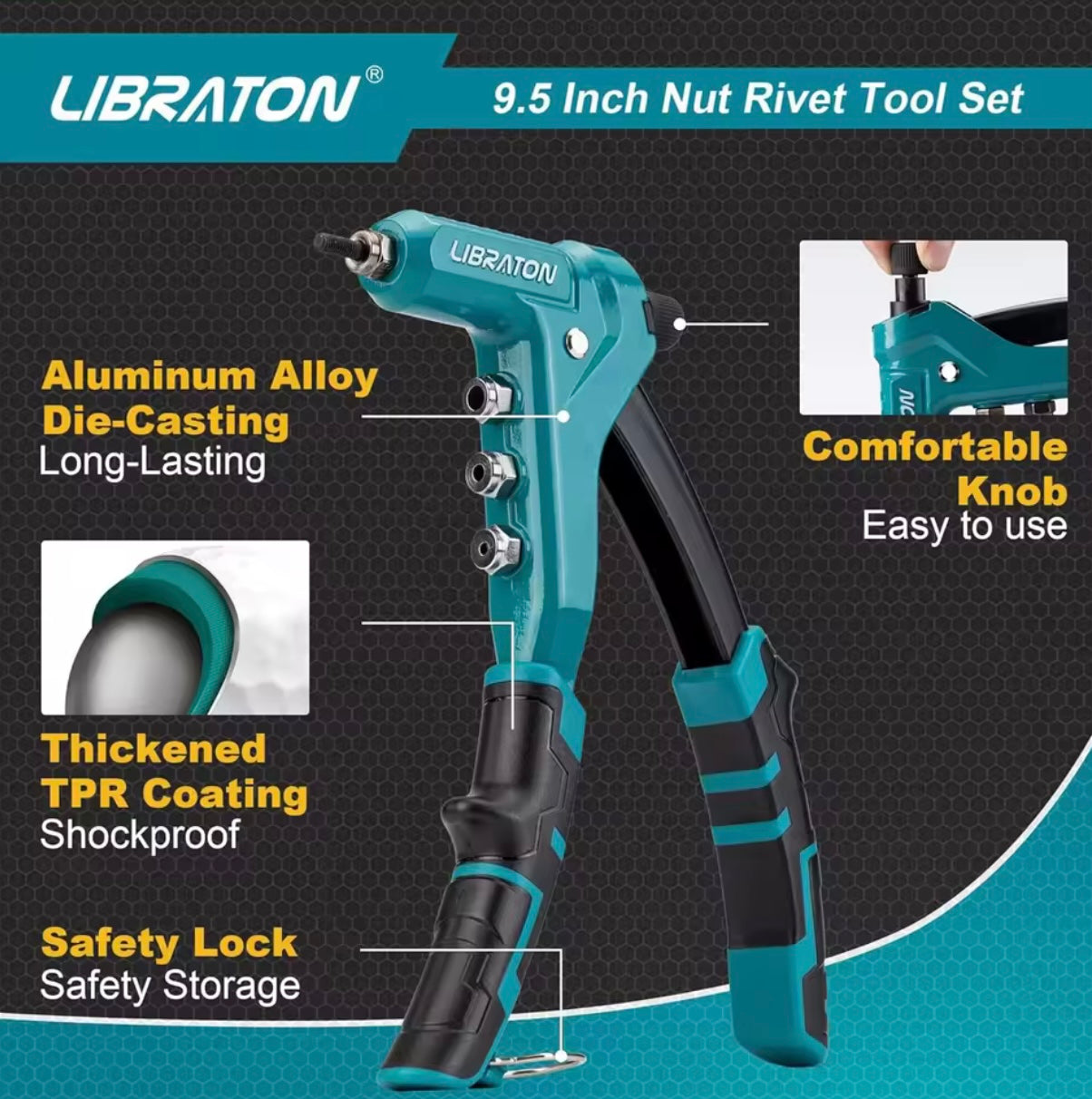 LIBRATON 9.5” One-Handed Rivet Nut Tool Set w/ 4 Interchangeable Mandrels
