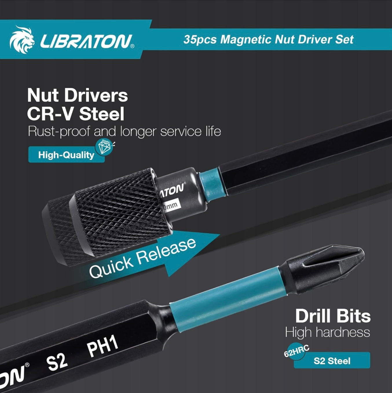 LIBRATON 35Pc Magnetic Nut Driver Set- Metric & SAE w/ Wing Nut Driver, Bit Holder, Drill Bit PH1 & PH2, Toolbox