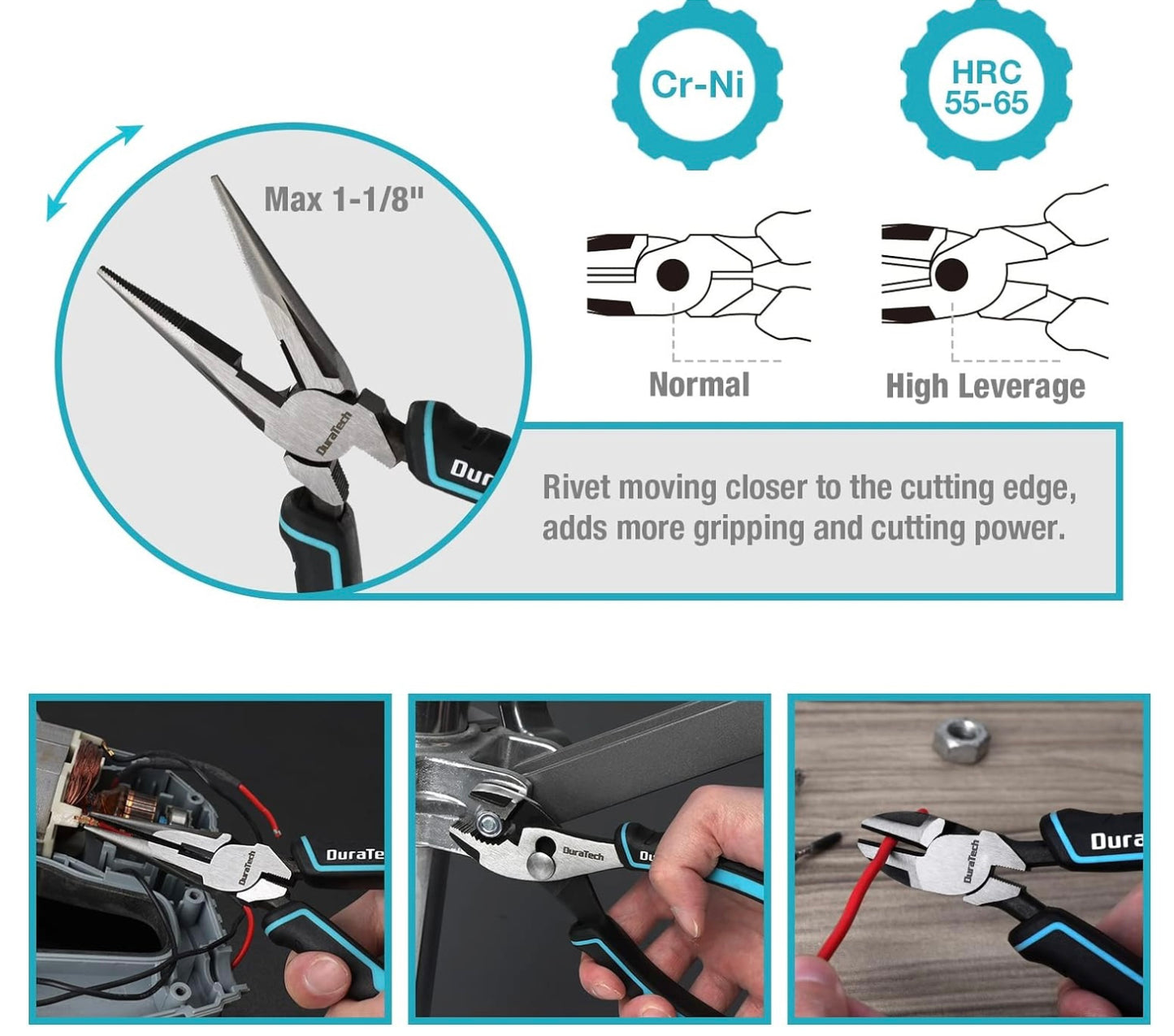 DURATECH 5PC Pliers Set, 6" Long Nose, 6” Slip Joint, 6” Diagonal Cutting, 8" Linesman, 8” Groove Joint Pliers w/ Oxford Rolling Pouch