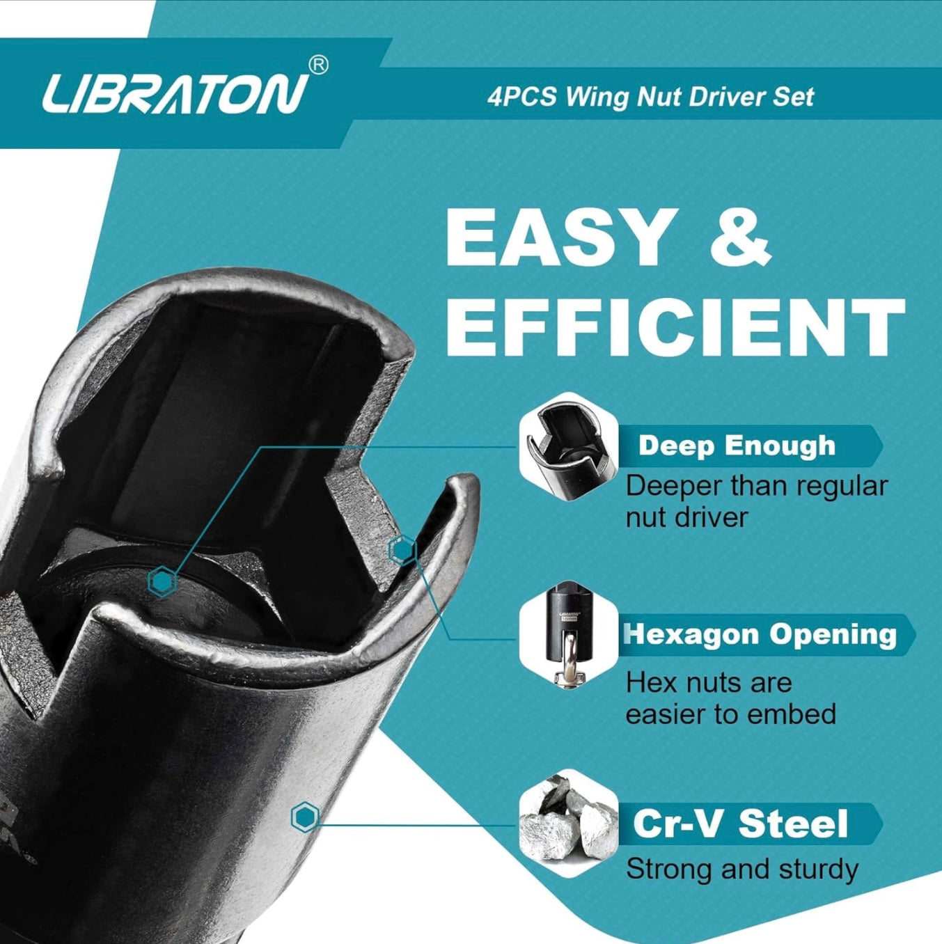 Libraton 4PC Wing Nut Drive Bit w/ EVA Storage (9, 12, 15, 18mm)