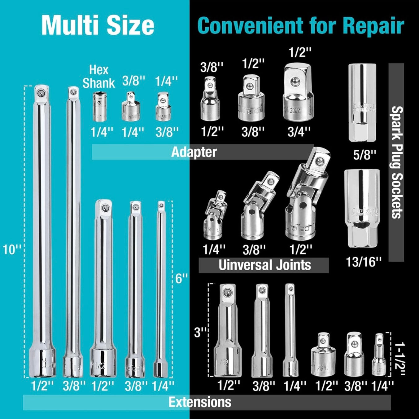 DURATECH 22PC Drive Tool Accessory Set w/ Extension Bars, Socket Adapters, Universal Joints, Spark Plug Sockets, EVA Foam Package