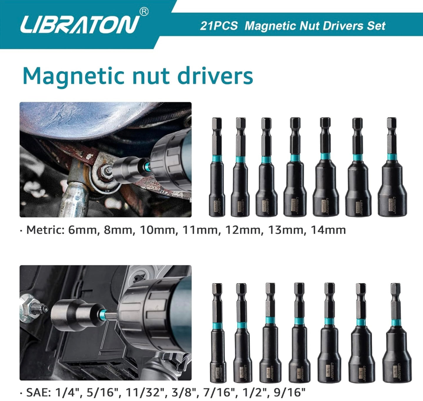 Libraton 21PCS 1/4” Magnetic Nut Driver Set - Metric and SAE w/ Impact Socket Adapters, Bit Holder, Quick-Release Extensions, Storage Bag
