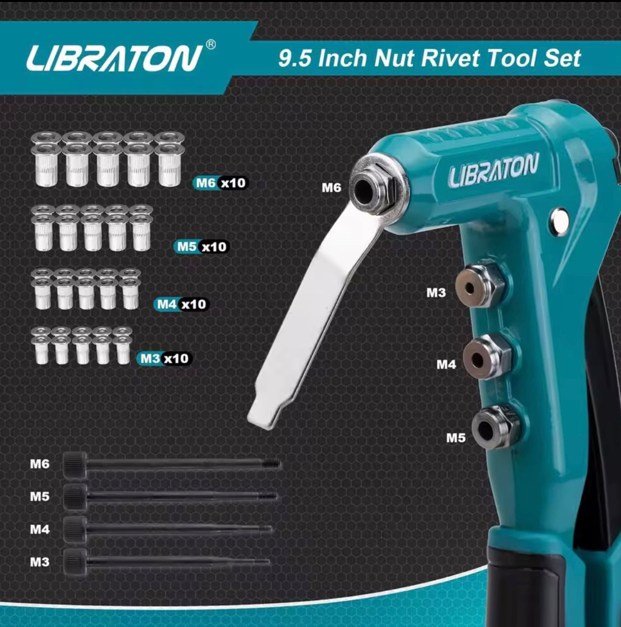 LIBRATON 9.5” One-Handed Rivet Nut Tool Set w/ 4 Interchangeable Mandrels