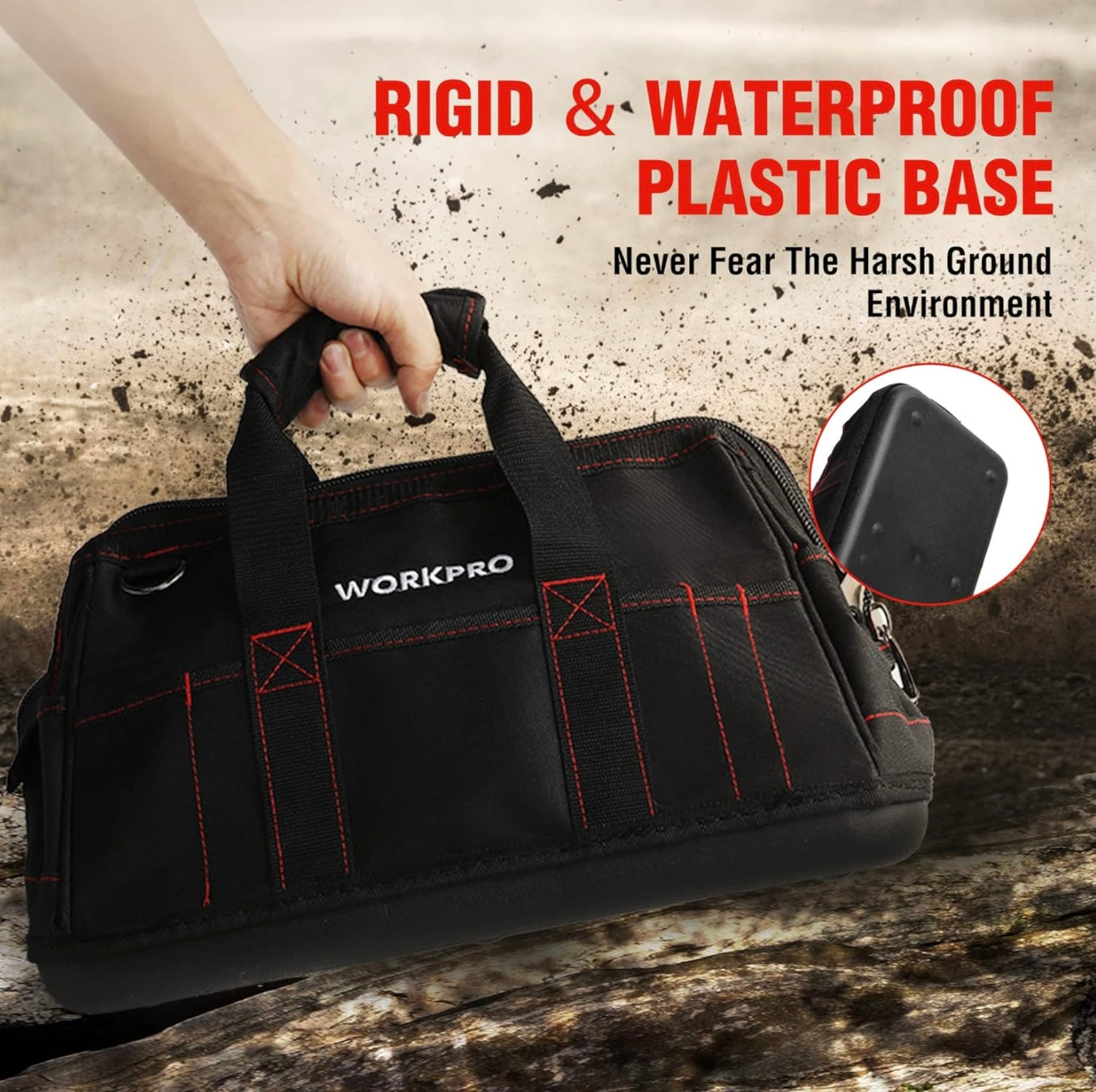 WORKPRO 16” Close Top Wide Mouth Tool Storage Bag w/ Water Proof Rubber Base