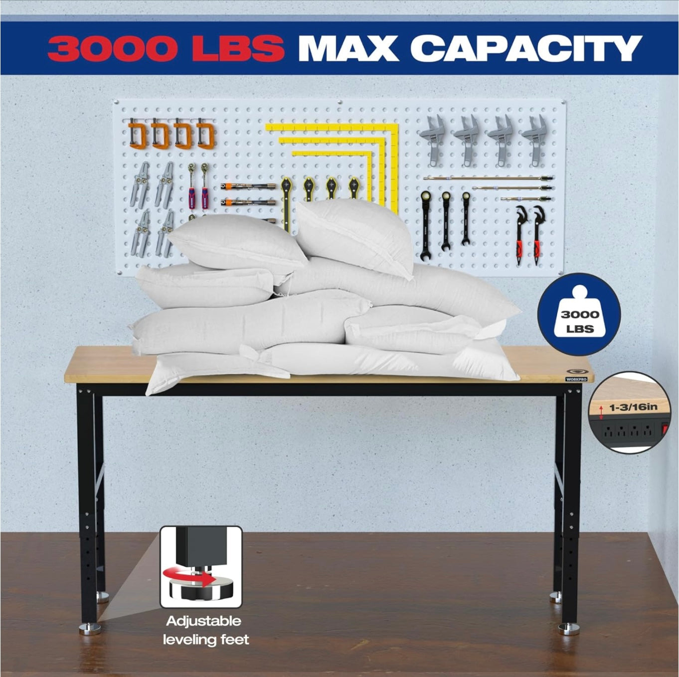 WORKPRO 72" Adjustable Workbench w/ Power Outlets, Rubberwood Top, 300 LBS Load Capacity